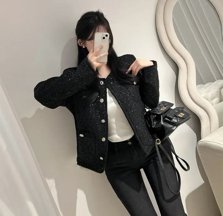크기 있음 업데이트 한 부서 품격 우아함 작은 샤넬 스타일 미니멀리즘 라운드 넥 싱글 줄 버튼 보온 트위드 짧은 외투 상세 이미지 16