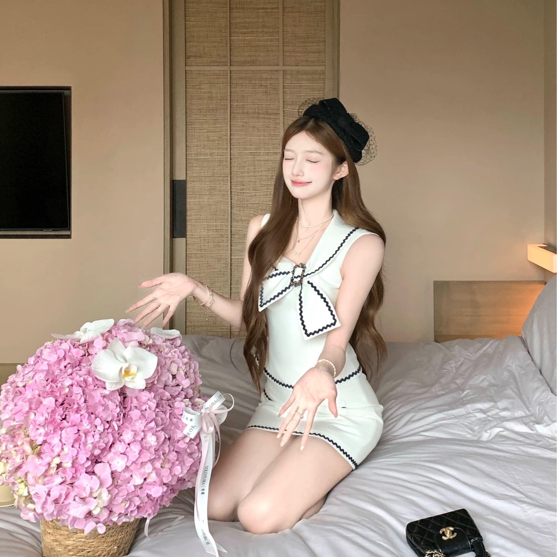 6 28 20 00 95 할인 향기로운 분위기 메리 u 종류 나비 매듭 칼라 허리 수축 맨위 반 스커트 상세 이미지 8