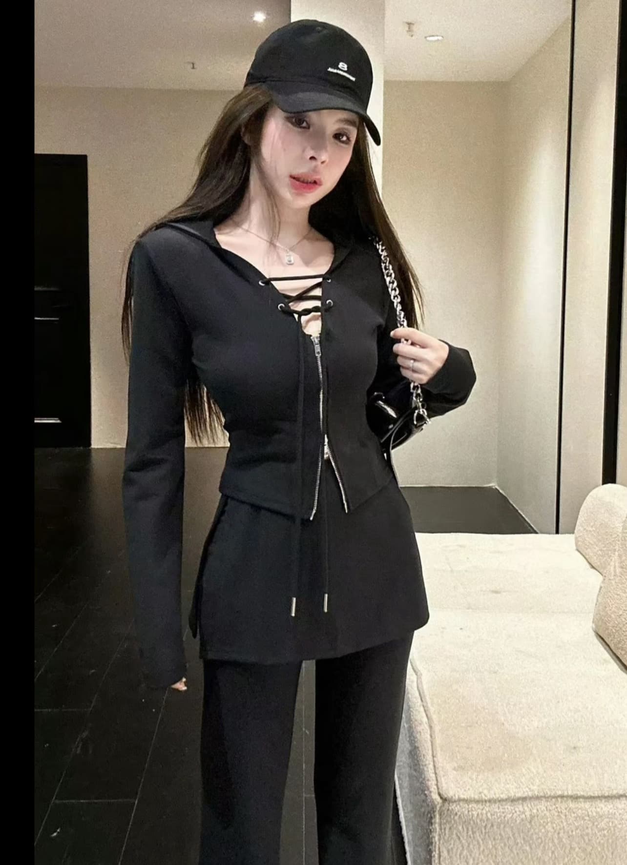 huihui 이른 가을 새로운 프랑스식 품격 슬림해 보이는 후드 맨위 코디 와이드 레그 팬츠 세트 상세 이미지 4