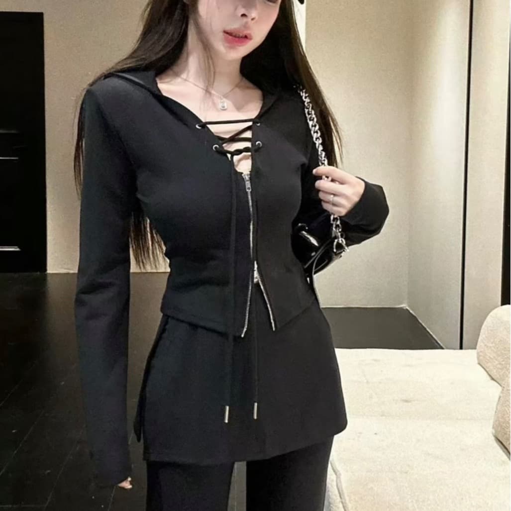 huihui 이른 가을 새로운 프랑스식 품격 슬림해 보이는 후드 맨위 코디 와이드 레그 팬츠 세트 상세 이미지 10