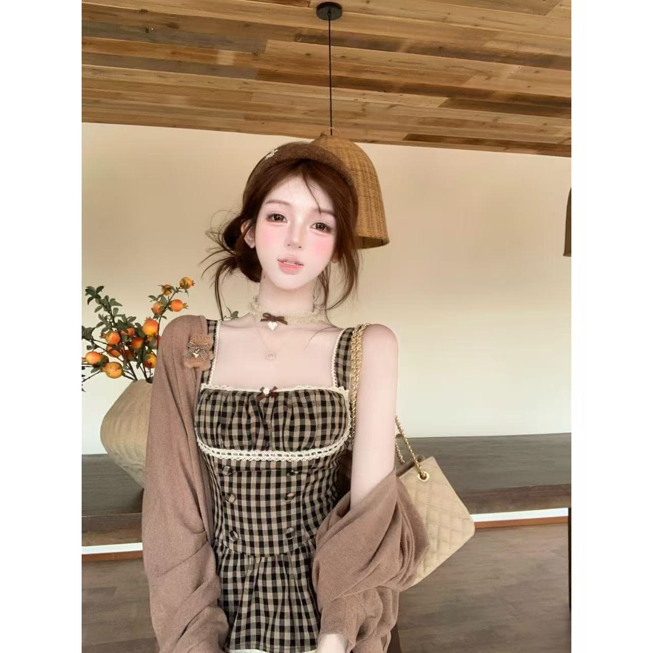 루이 茜 웨이 Sher S 캐러멜 가을의 날 이른 가을 순수한 욕망 바람 오리지널 디자인 슬립 미니 스커트 오픈 가디건 r66990-1h