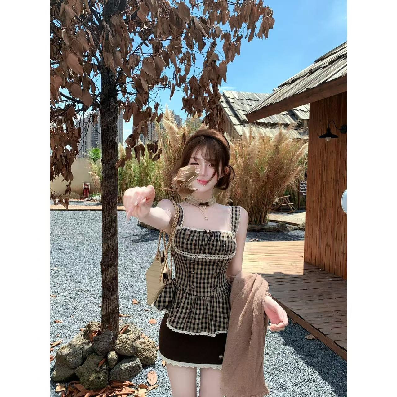 루이 茜 웨이 Sher S 캐러멜 가을의 날 이른 가을 순수한 욕망 바람 오리지널 디자인 슬립 미니 스커트 오픈 가디건 r66990-1h 상세 이미지 3