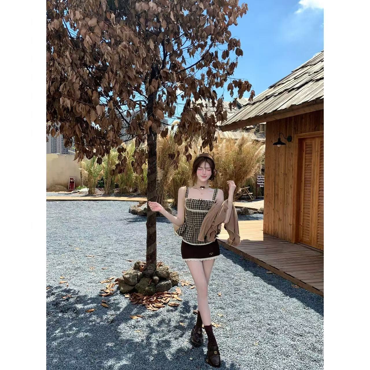 루이 茜 웨이 Sher S 캐러멜 가을의 날 이른 가을 순수한 욕망 바람 오리지널 디자인 슬립 미니 스커트 오픈 가디건 r66990-1h 상세 이미지 5