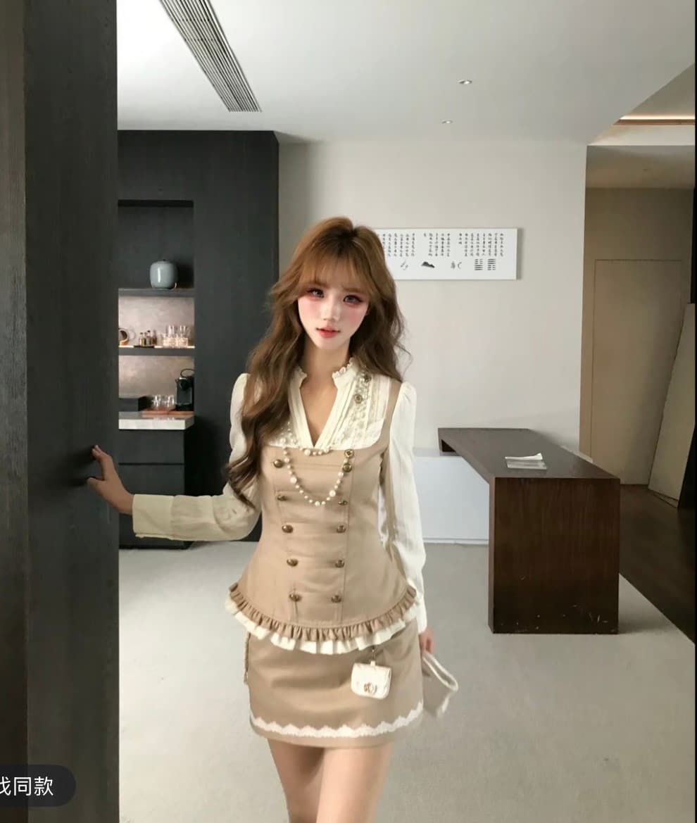 기타 한 작은 물고기 musefish 지혜 센스 나폴레옹 한 부서 높음 지혜 센스 디자인 허리 수축 패치워크 카키 색 세트 이미지 5