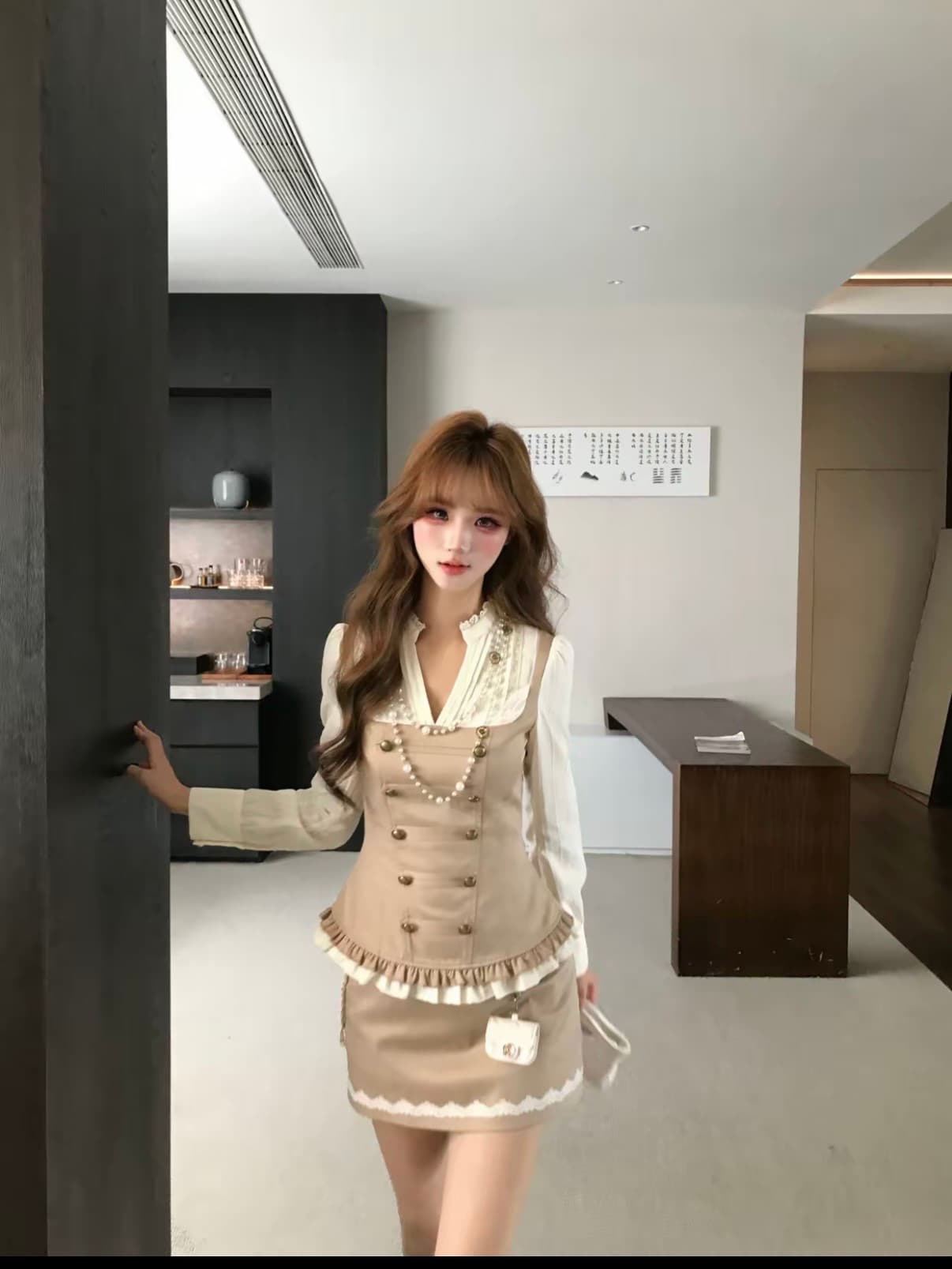 기타 한 작은 물고기 musefish 지혜 센스 나폴레옹 한 부서 높음 지혜 센스 디자인 허리 수축 패치워크 카키 색 세트 상세 이미지 7