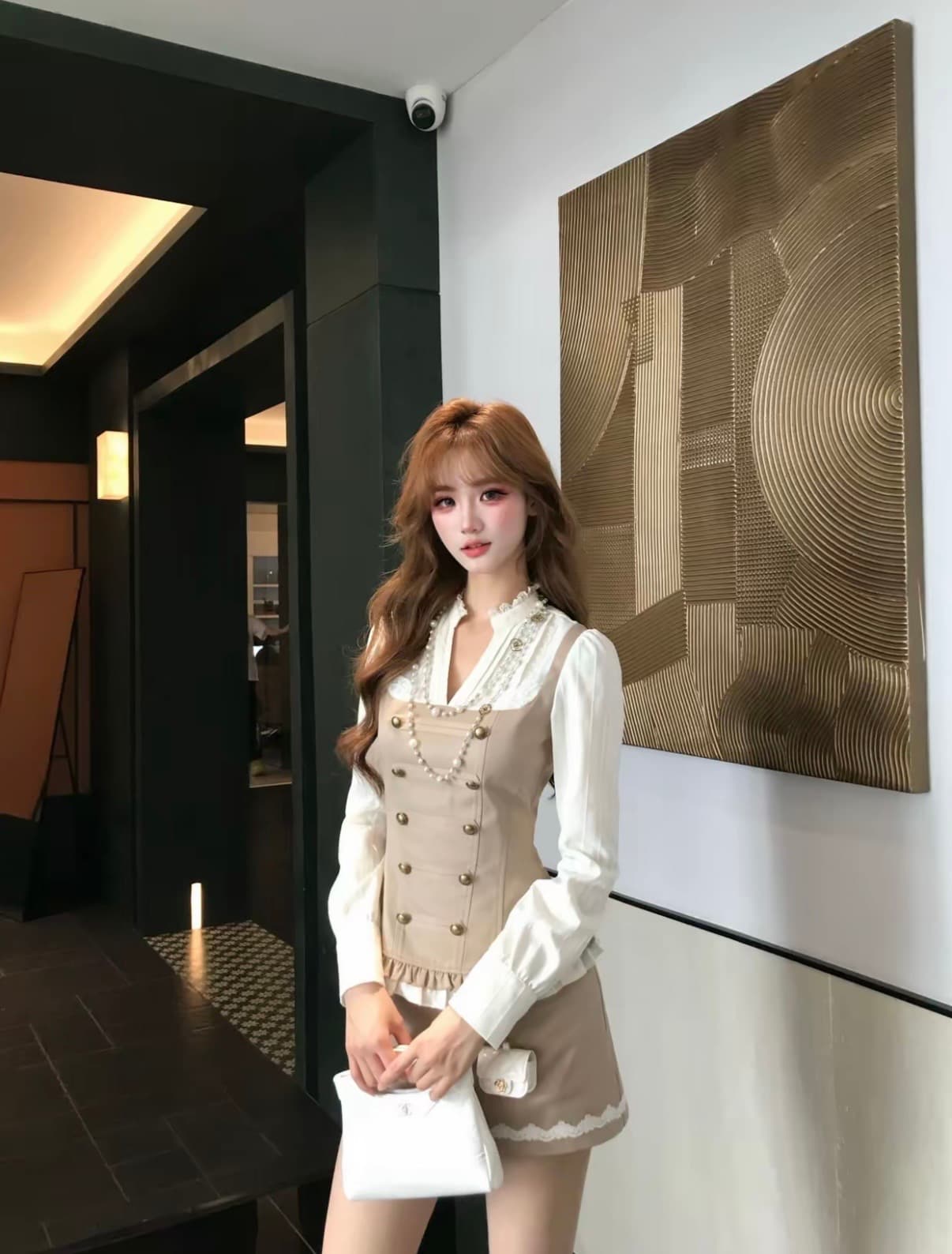 기타 한 작은 물고기 musefish 지혜 센스 나폴레옹 한 부서 높음 지혜 센스 디자인 허리 수축 패치워크 카키 색 세트 상세 이미지 8