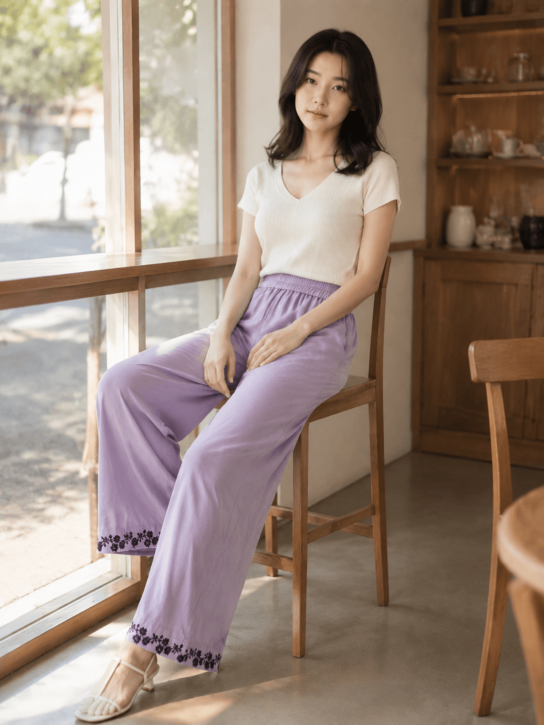 2026 년 여름 새로운 보라색 자수 스트레이트 팬츠 여성 루즈핏 슬림해 보이는 다용도 작은 대중 디자인 센스 캐주얼 바지 상세 이미지 2