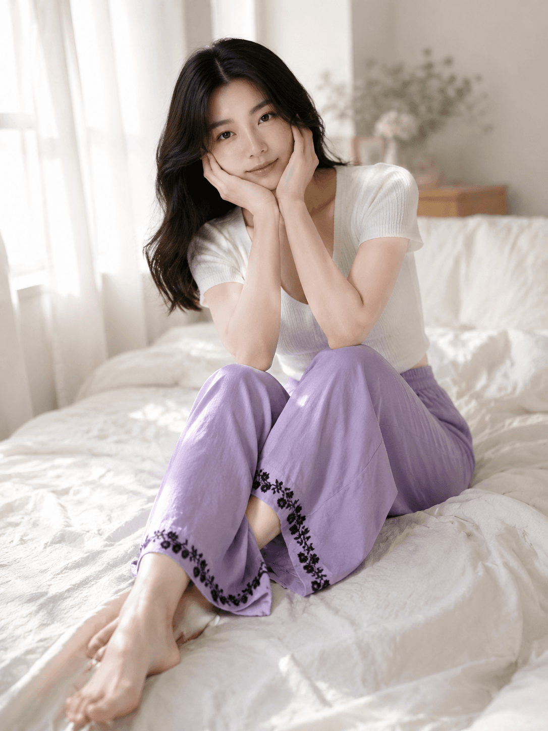 2026 년 여름 새로운 보라색 자수 스트레이트 팬츠 여성 루즈핏 슬림해 보이는 다용도 작은 대중 디자인 센스 캐주얼 바지 상세 이미지 11
