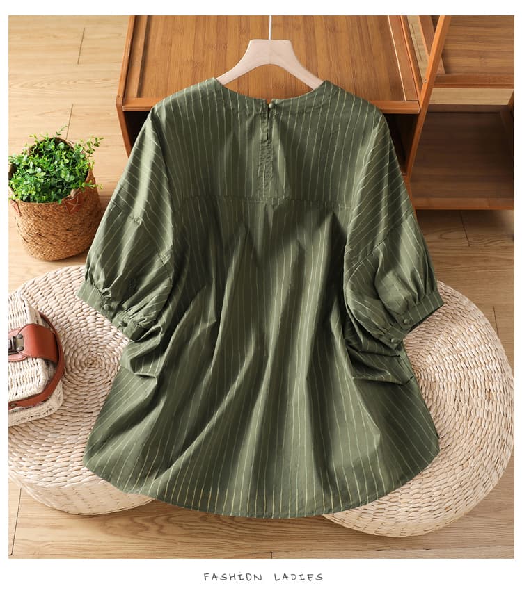 고급 센스 스트라이프 여성 셔츠 루즈핏 느긋한 바람 2026 새로운 풀오버 라운드 넥 대 에디션 슬림해 보이는 지방 mm 맨위 여름 상세 이미지 10
