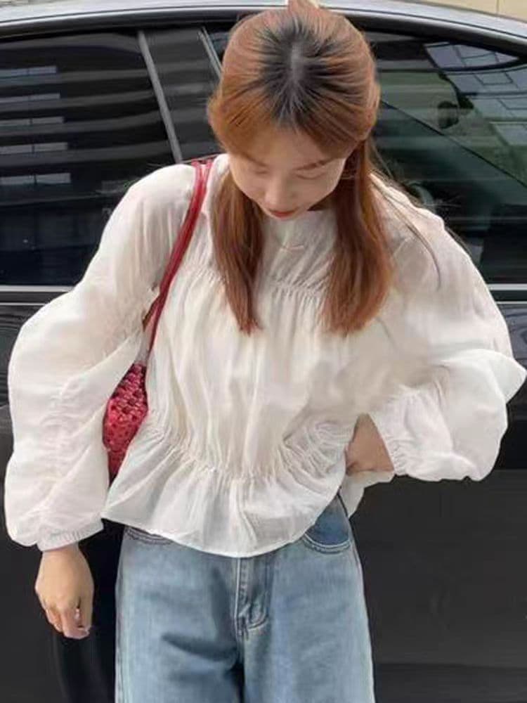 긴팔 자외선 차단 여성 셔츠 고급 센스 빛 럭셔리 연령 감소 외국 가스 2025 새로운 여름 루즈핏 프랑스식 쉬폰 톱 상세 이미지 4