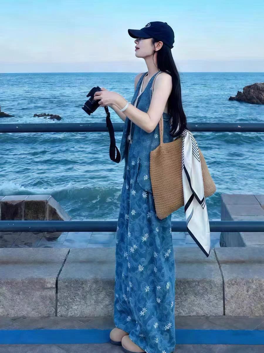 프랑스식 품격 휴가 바람 작은 대중 다용도 느슨함 센스 2026 여름 새로운 파란색 행침 목 맨위 바지 세트 상세 이미지 3