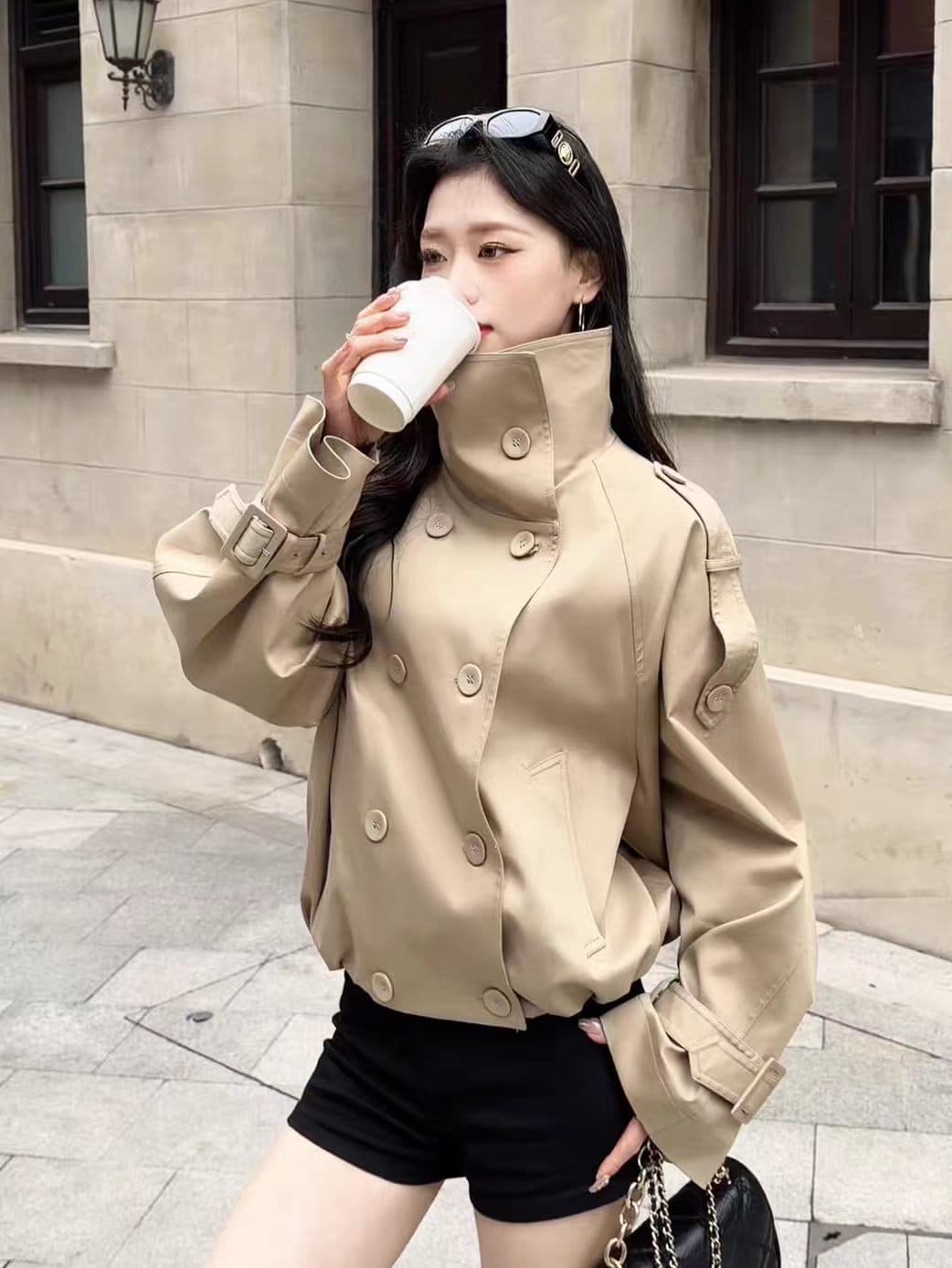 카키 색 폴로 칼라 바람막이 여성 코트 이른 가을 2026 새로운 폭발 한 부서 자이언트 잘 생긴 작은 키 쇼트 스타일 코트 상세 이미지 1