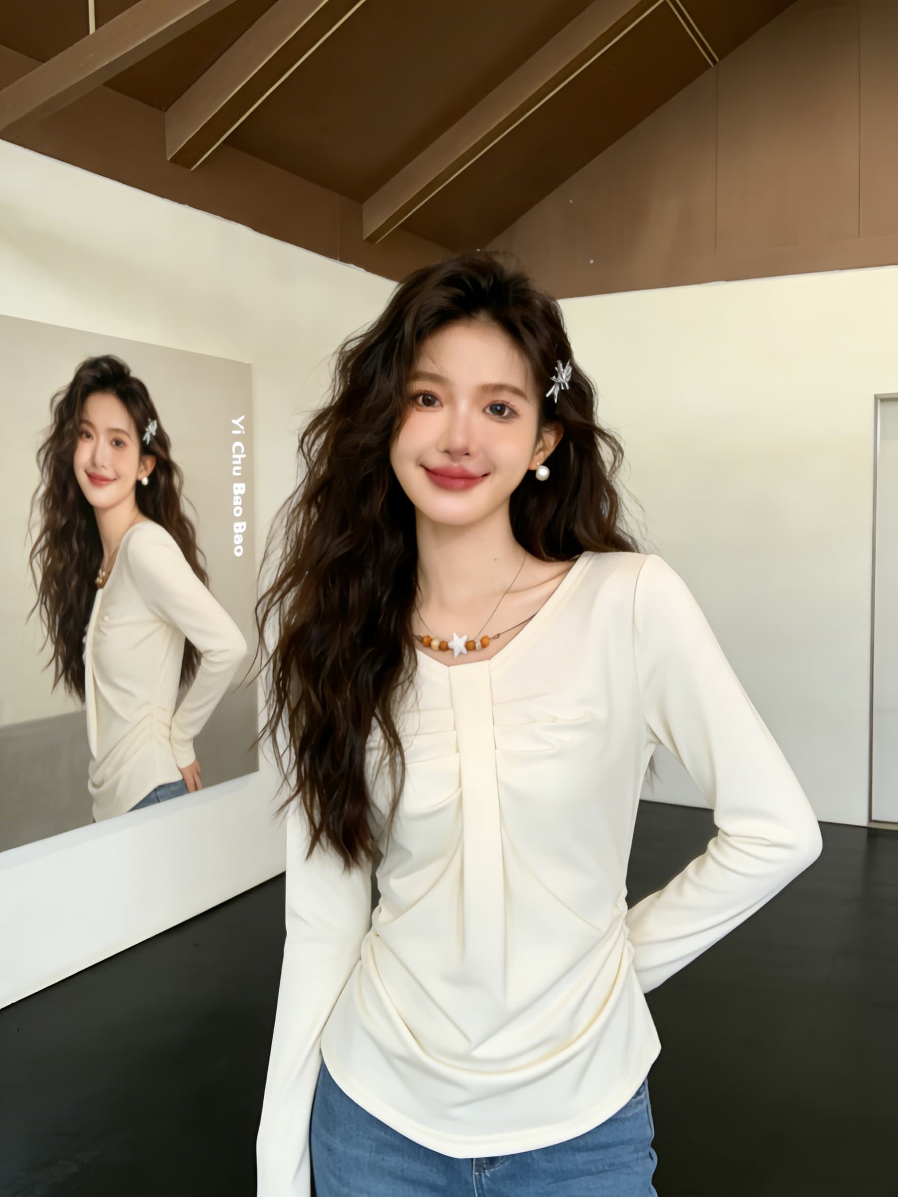 실사 빅 사이즈 2026 가을 의상 긴팔 두꺼운 보온 티셔츠 패션 연령 감소 슬림해 보이는 표지 고기 허리 수축 기본 셔츠 여성 상세 이미지 5