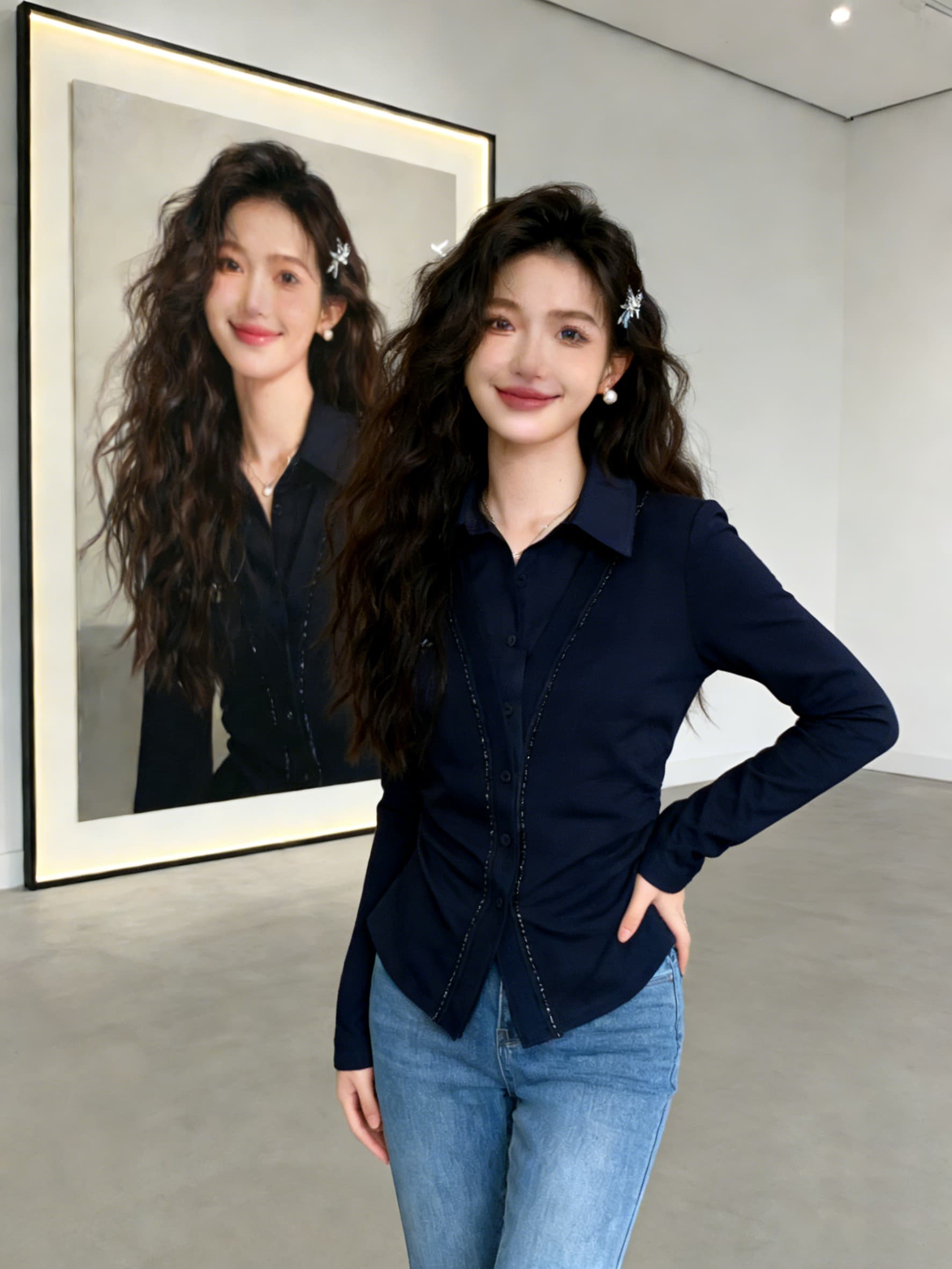 2026 아름다움 당겨서 블루 페이크 레이어드 긴팔 티셔츠 여성 이른 가을 빅 사이즈 무거운 작업 비즈 박기 작은 대중 고급 센스 품격 맨위 상세 이미지 3