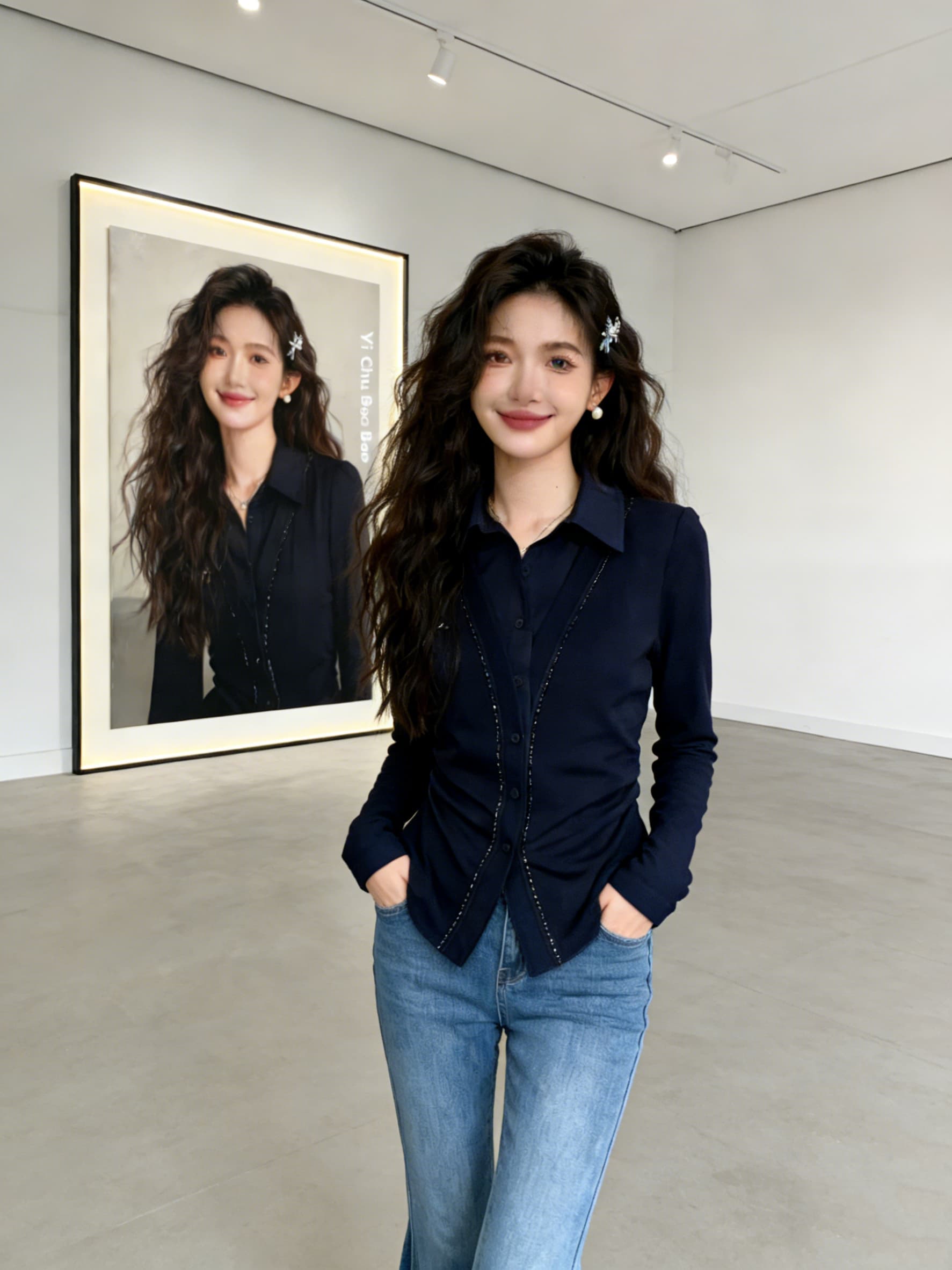 2026 아름다움 당겨서 블루 페이크 레이어드 긴팔 티셔츠 여성 이른 가을 빅 사이즈 무거운 작업 비즈 박기 작은 대중 고급 센스 품격 맨위 상세 이미지 4