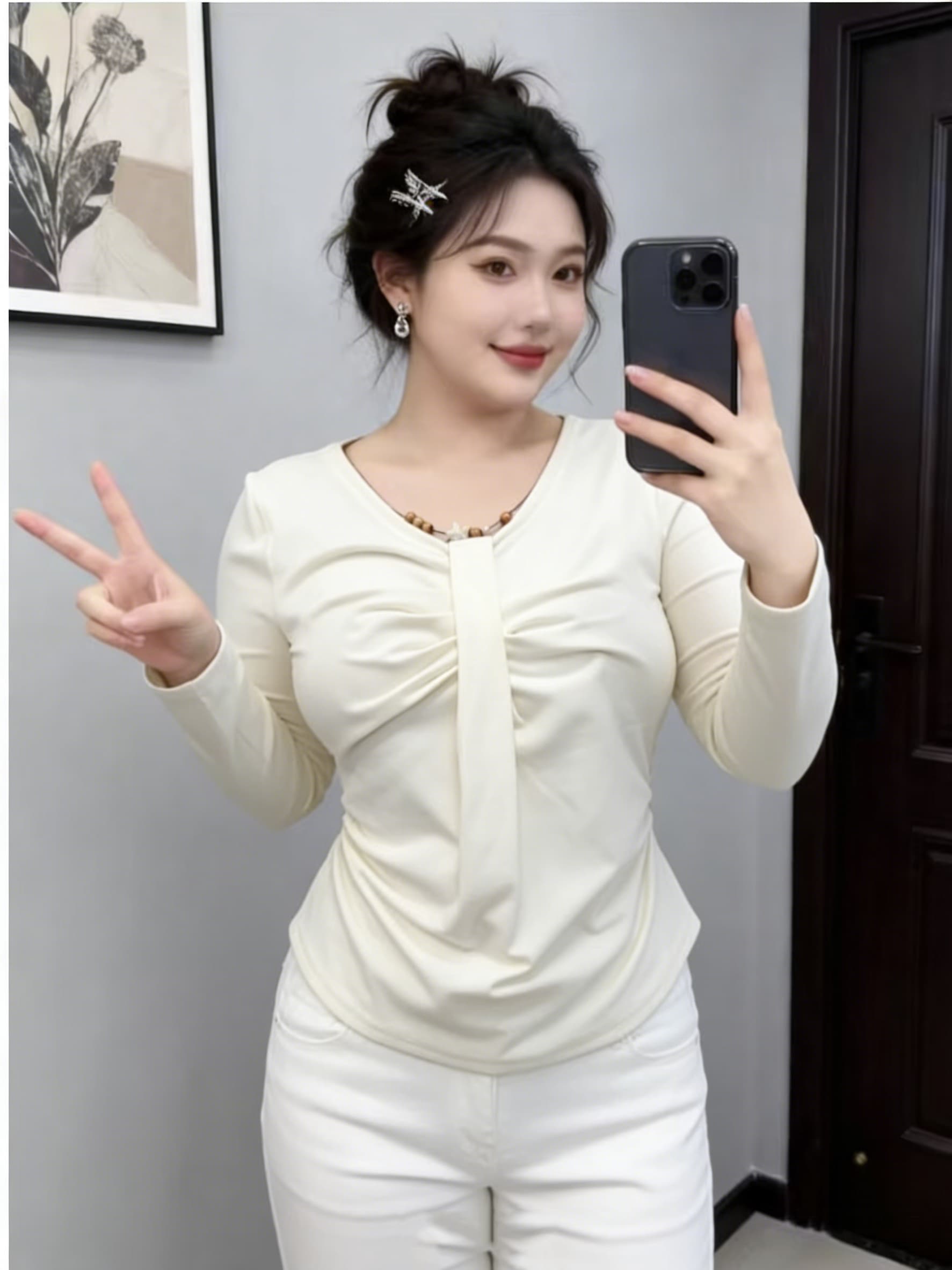 실사 2026 빅 사이즈 긴팔 두꺼운 보온 티셔츠 연령 감소 슬림해 보이는 작은 대중 Chic 표지 고기 허리 수축 기본 셔츠 여성 이미지 2