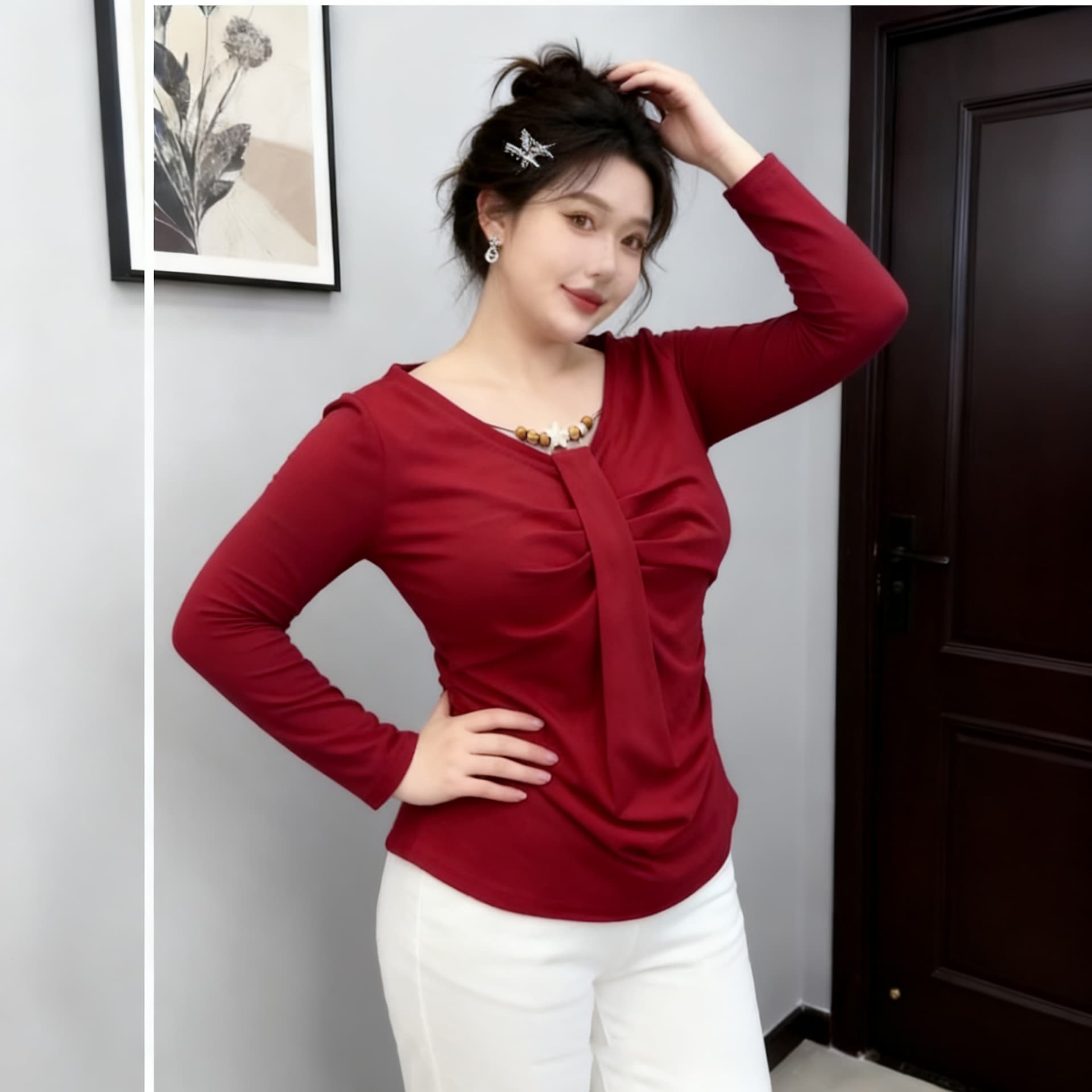 실사 2026 빅 사이즈 긴팔 두꺼운 보온 티셔츠 연령 감소 슬림해 보이는 작은 대중 Chic 표지 고기 허리 수축 기본 셔츠 여성 상세 이미지 2