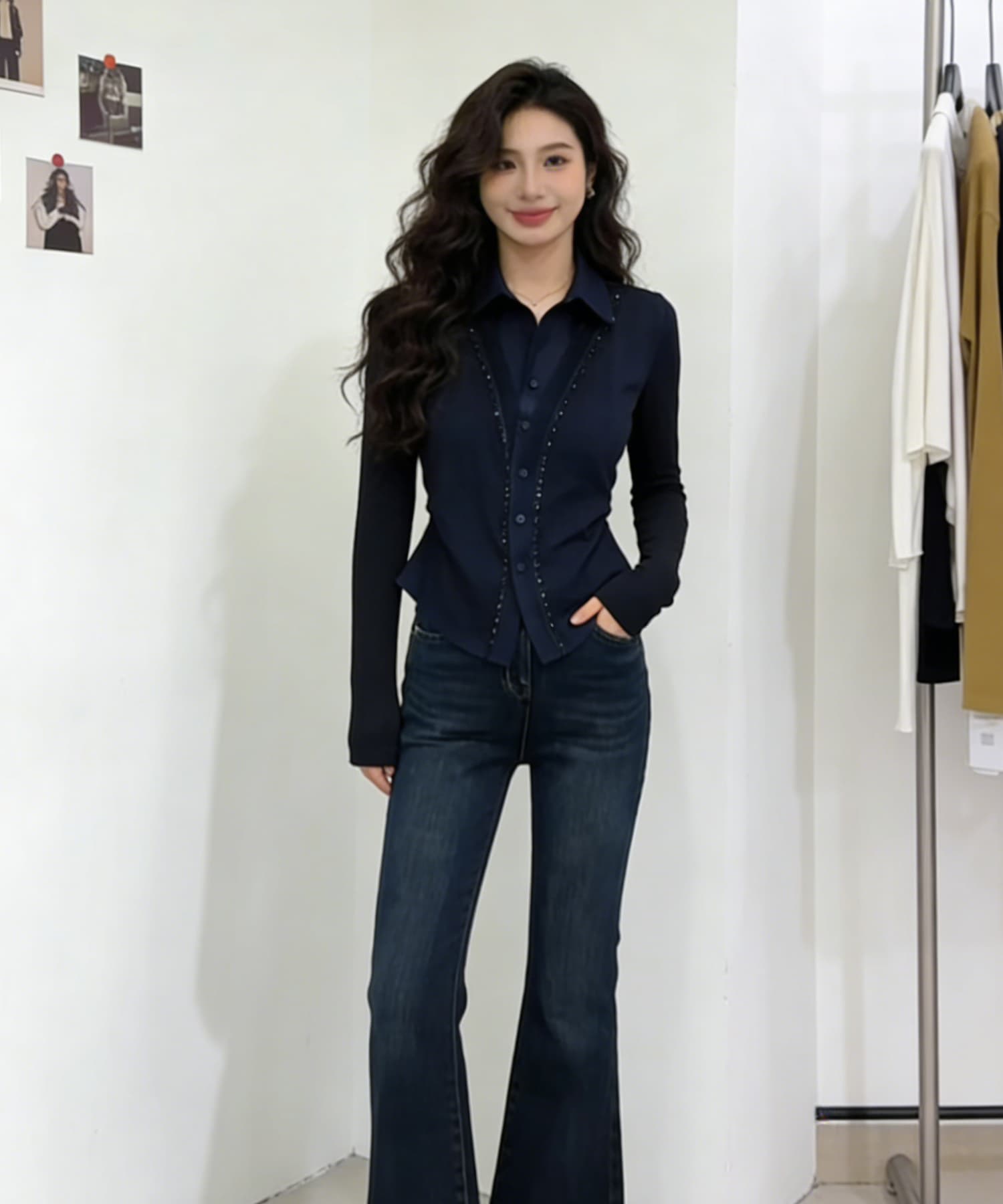 실사 2026 봄 드레스 아름다움 당겨서 블루 페이크 레이어드 긴팔 티셔츠 빅 사이즈 무거운 작업 비즈 박기 고급 센스 품격 맨위 이미지 2