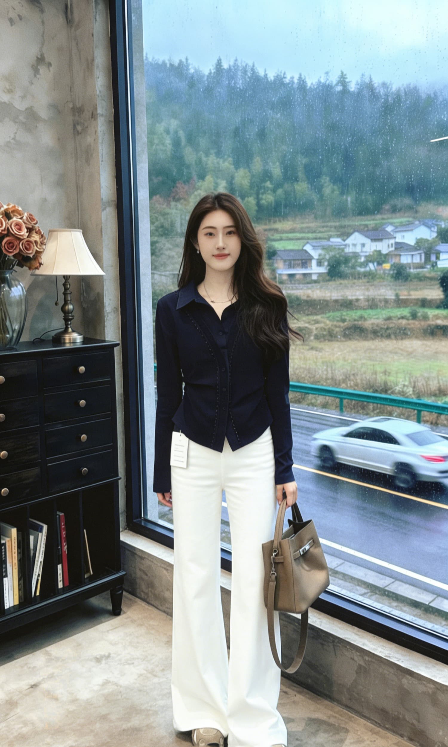 실사 아름다움 당겨서 블루 페이크 레이어드 긴팔 티셔츠 여성 착용 가져 가라. 빅 사이즈 무거운 작업 비즈 박기 작은 대중 고급 센스 품격 맨위 이미지 2