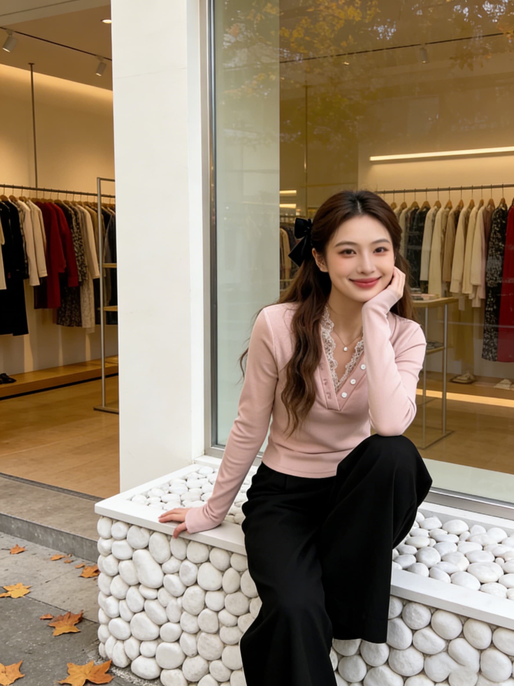 실사 가을 의상 빅 사이즈 긴팔 V넥 페이크 레이어드 레이스 측면 두꺼운 보온 티셔츠 연령 감소 표지 고기 기본 셔츠 여성 의류 상세 이미지 9