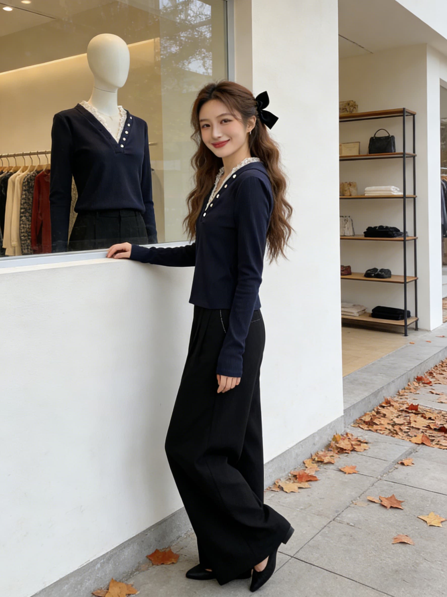 실사 가을 의상 빅 사이즈 긴팔 V넥 페이크 레이어드 레이스 측면 두꺼운 보온 티셔츠 연령 감소 표지 고기 기본 셔츠 여성 의류 상세 이미지 12