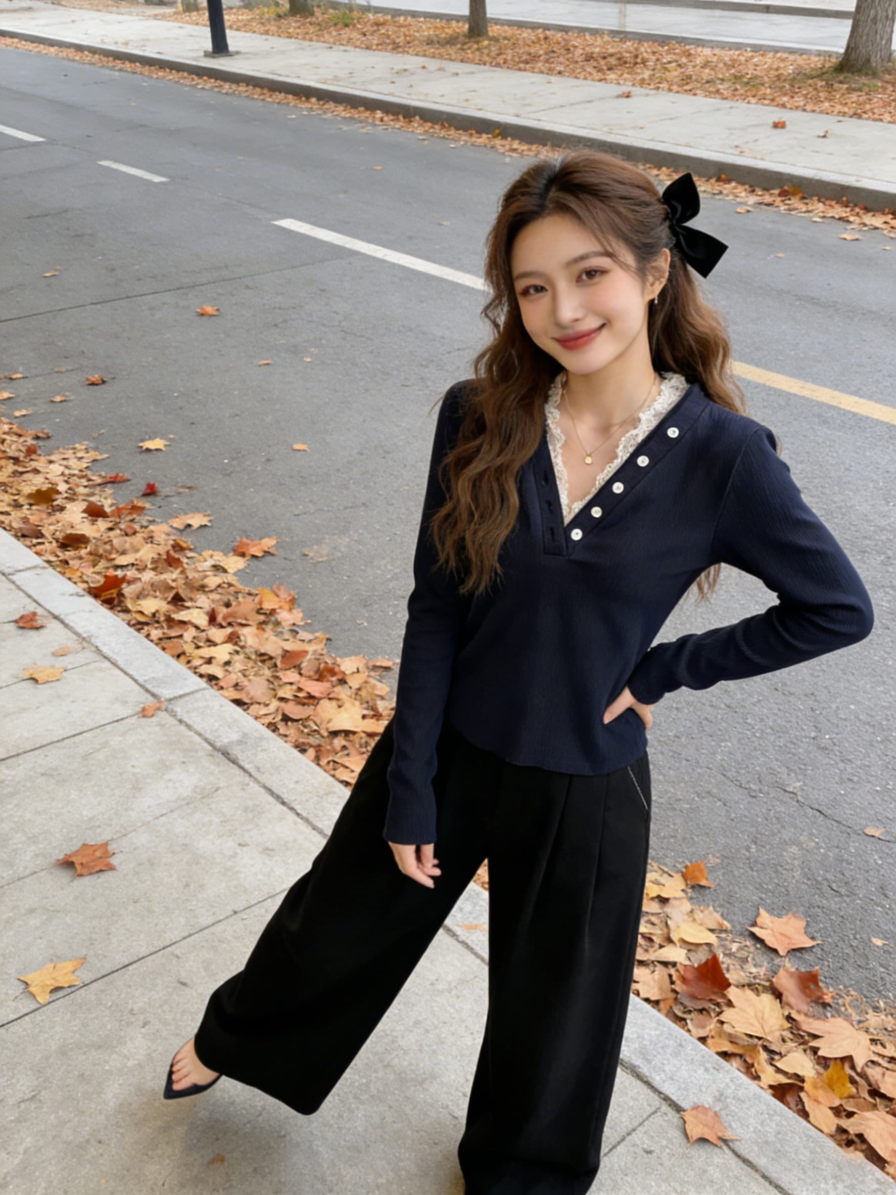 실사 가을 의상 빅 사이즈 긴팔 V넥 페이크 레이어드 레이스 측면 두꺼운 보온 티셔츠 연령 감소 표지 고기 기본 셔츠 여성 의류 상세 이미지 16