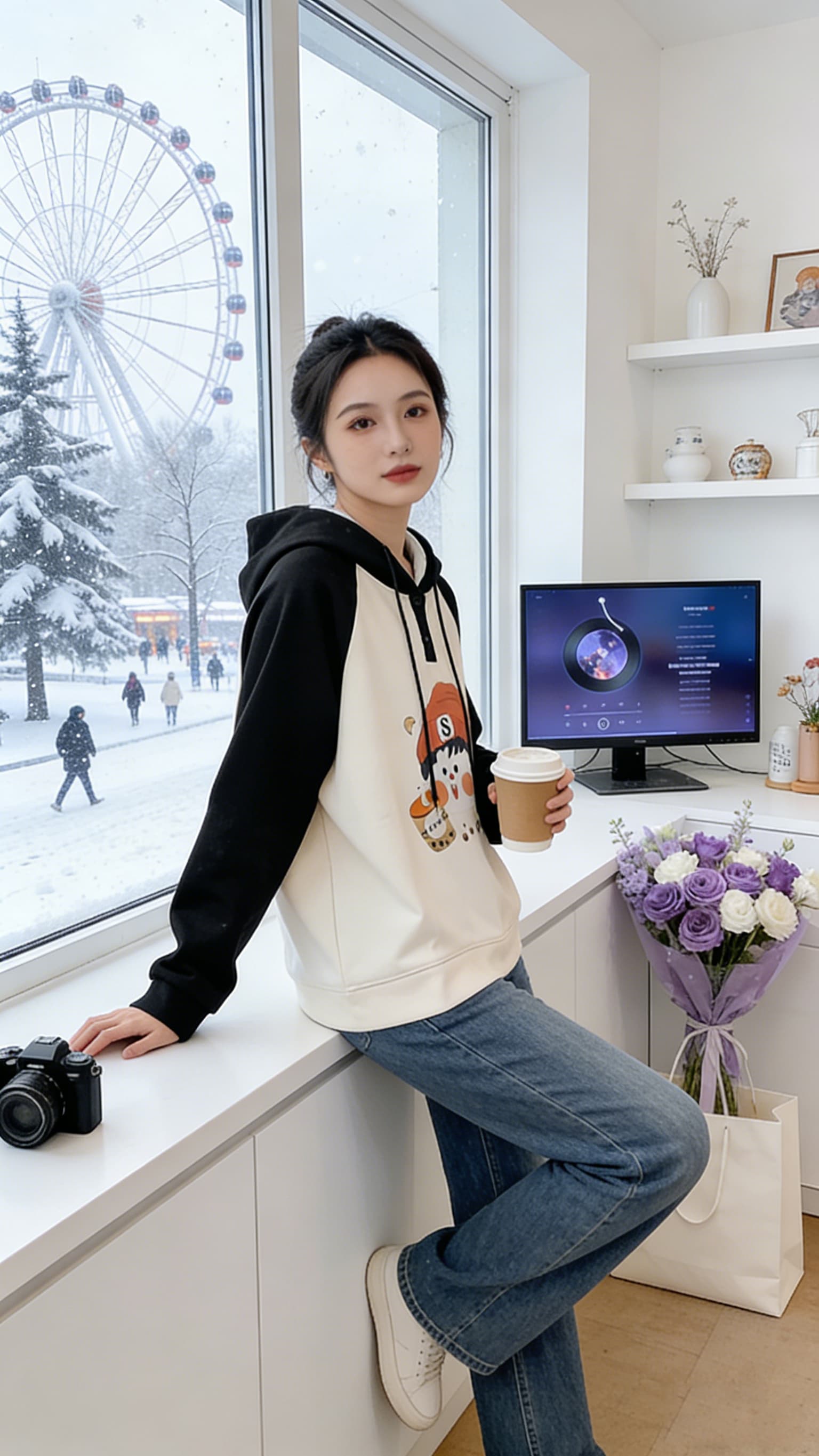 실사 2026 봄 드레스 빅 사이즈 후드 프린트 털이 있고 두꺼운 후드티 새로운 마이크로 지방 mm 표지 고기 슬림해 보이는 맨위 상세 이미지 8