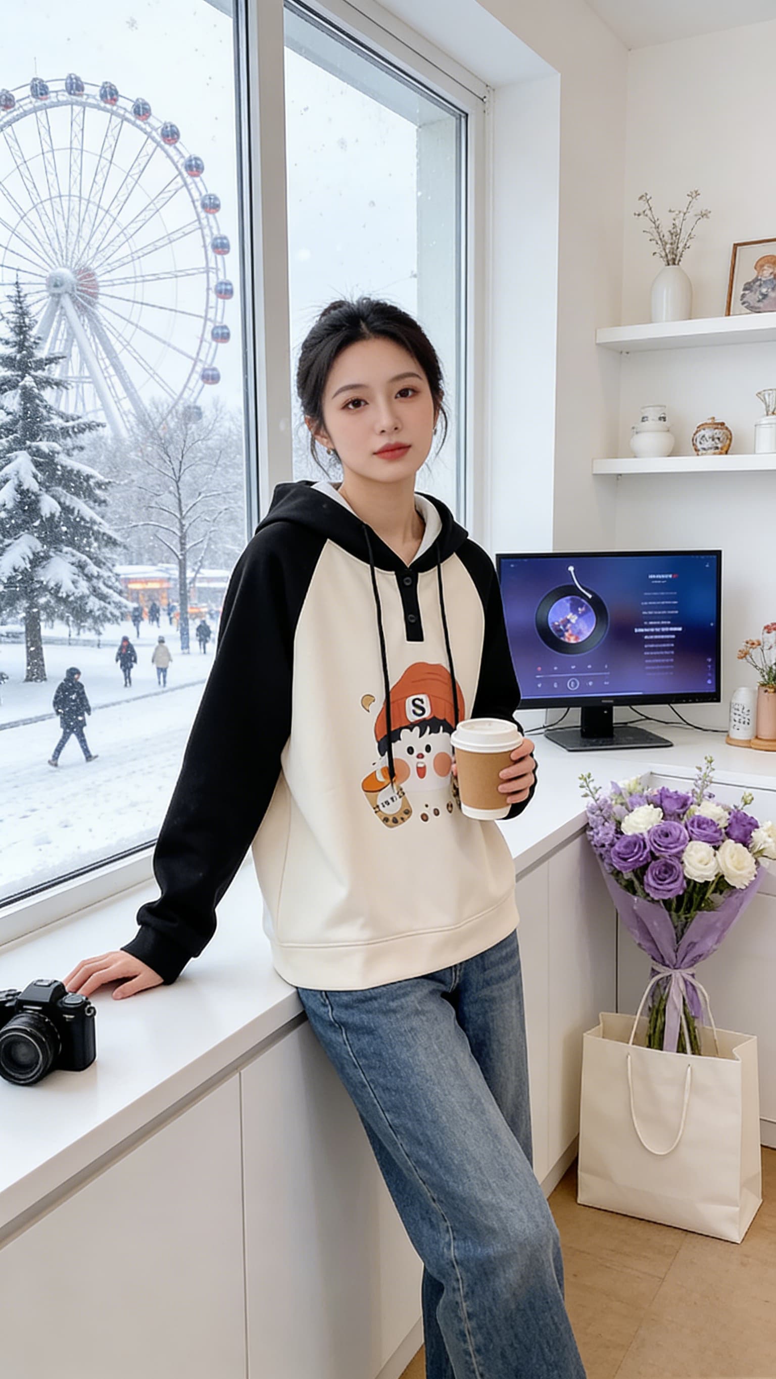 실사 2026 봄 드레스 빅 사이즈 후드 프린트 털이 있고 두꺼운 후드티 새로운 마이크로 지방 mm 표지 고기 슬림해 보이는 맨위 상세 이미지 9