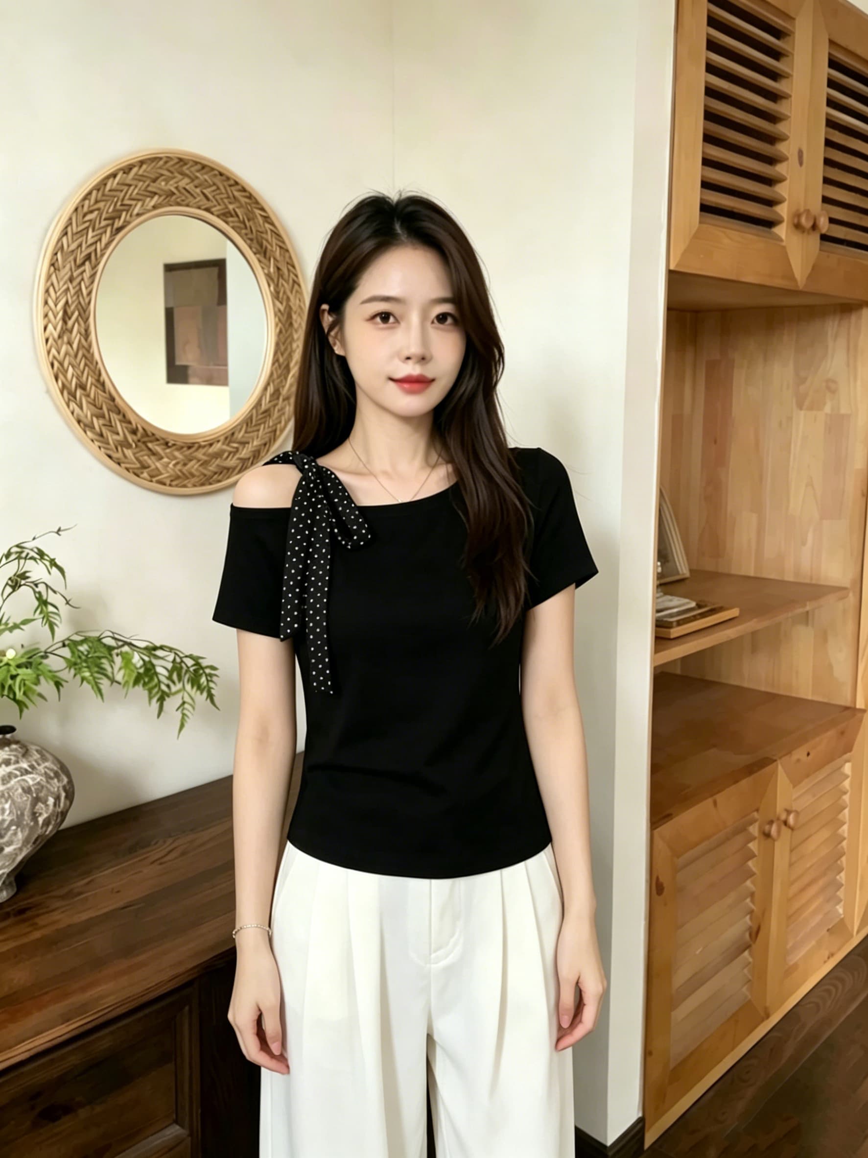 실사 210 좋은 면 2026 여름 한 부서 도트 무늬 비스듬한 어깨 반팔 티셔츠 작은 키 Chic 오프숄더 긍정적 인 어깨 의류 상세 이미지 5