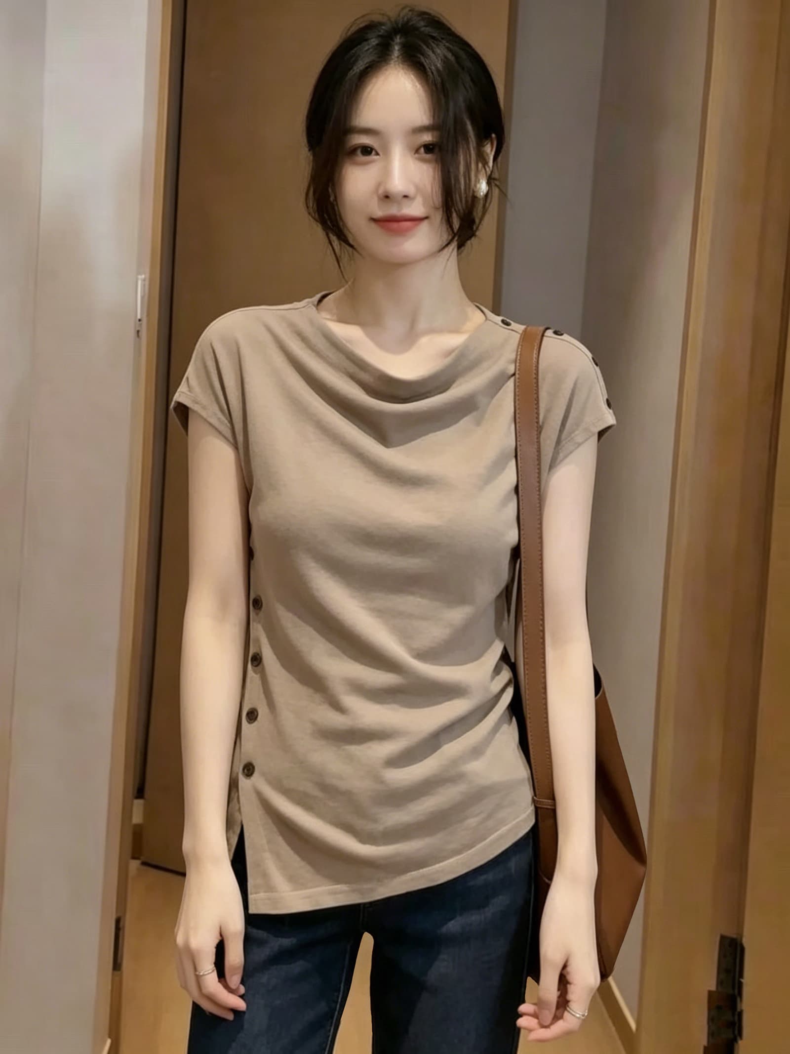 210 좋은 면 2026 여름 빅 사이즈 여성 의류 프랑스식 달콤한 핫걸 레트로 반팔 티셔츠 불규칙 단추 맨위 상세 이미지 5