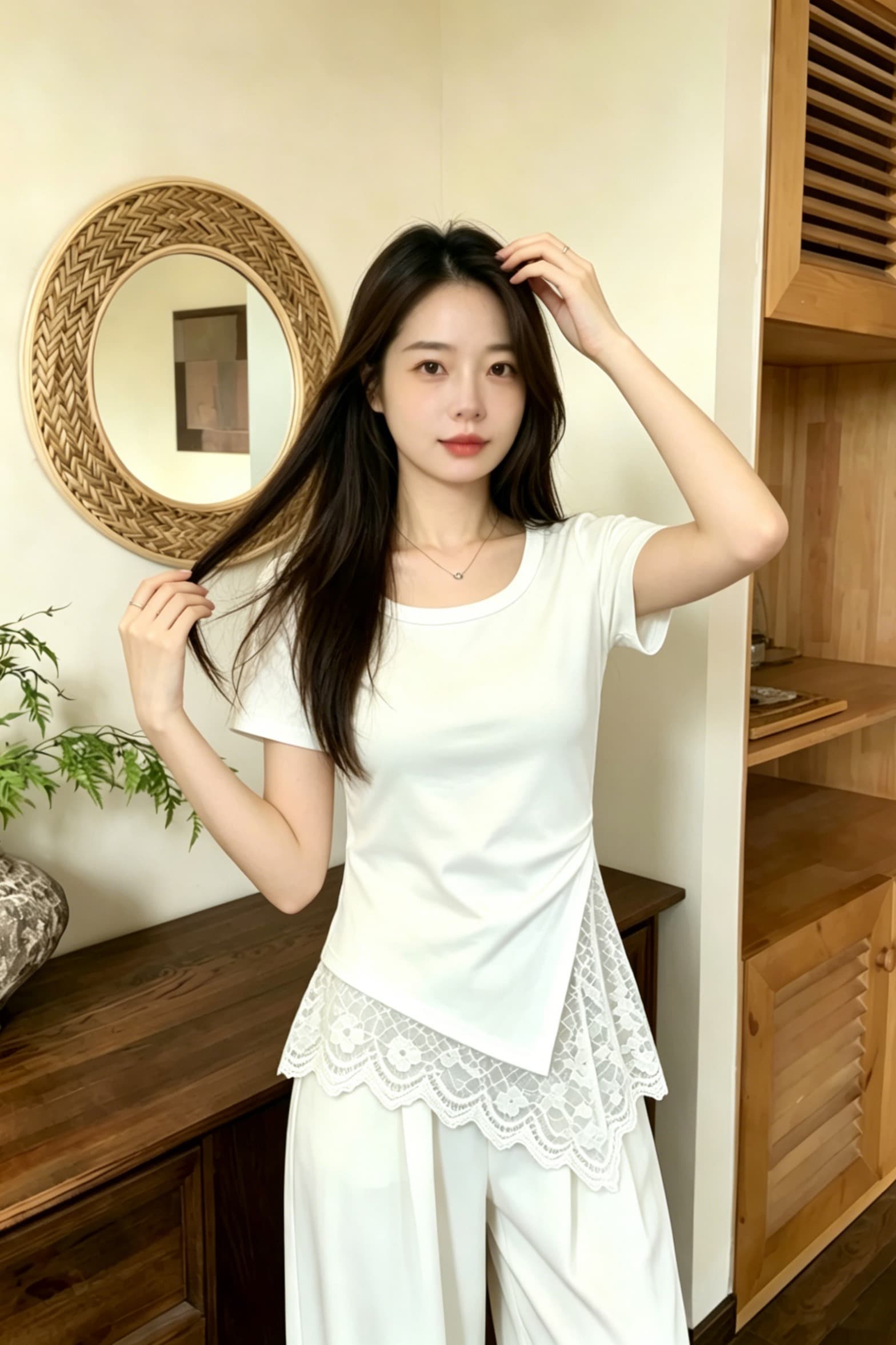 실사 210 그램 좋은 면 2026 여름 불규칙 밑단 레이스 조각 반팔 티셔츠 여성 아름다운 아름다운 맨위 이미지 6