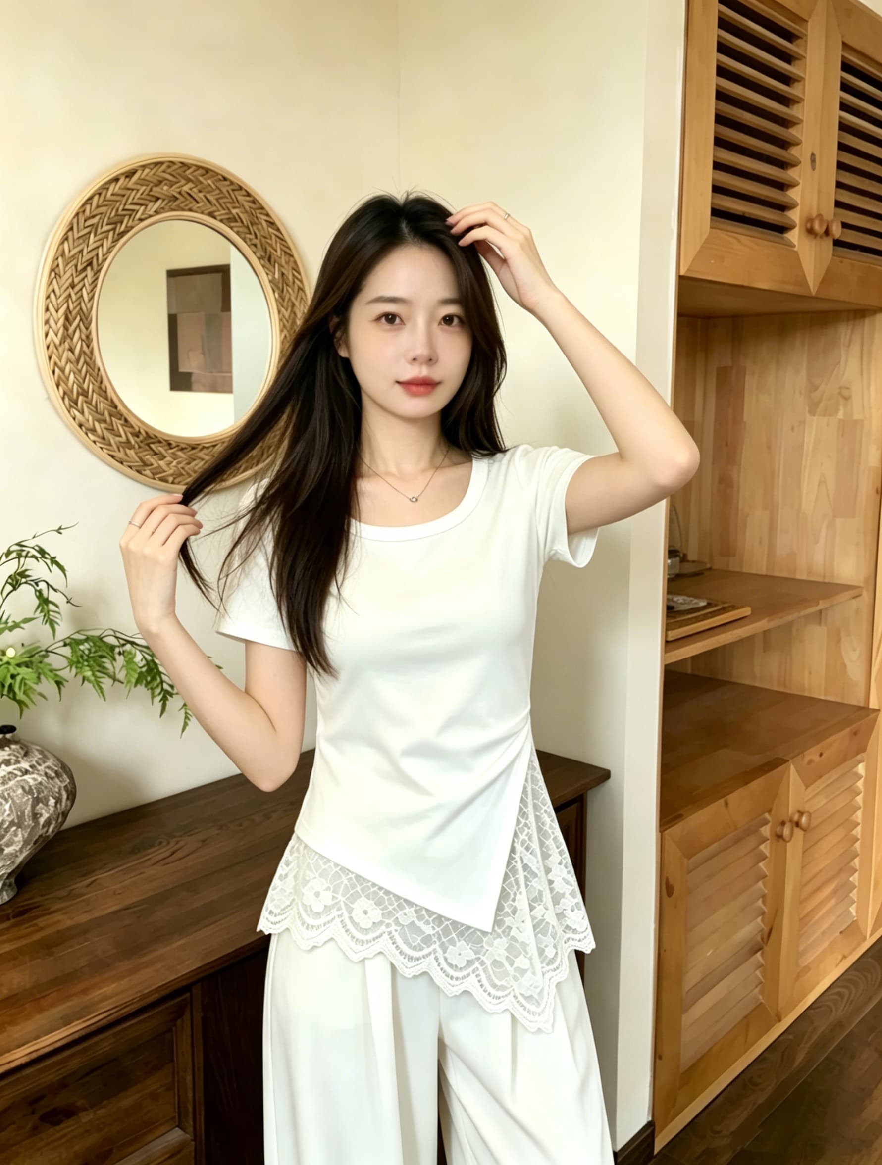 실사 210 그램 좋은 면 2026 여름 불규칙 밑단 레이스 조각 반팔 티셔츠 여성 아름다운 아름다운 맨위 상세 이미지 3