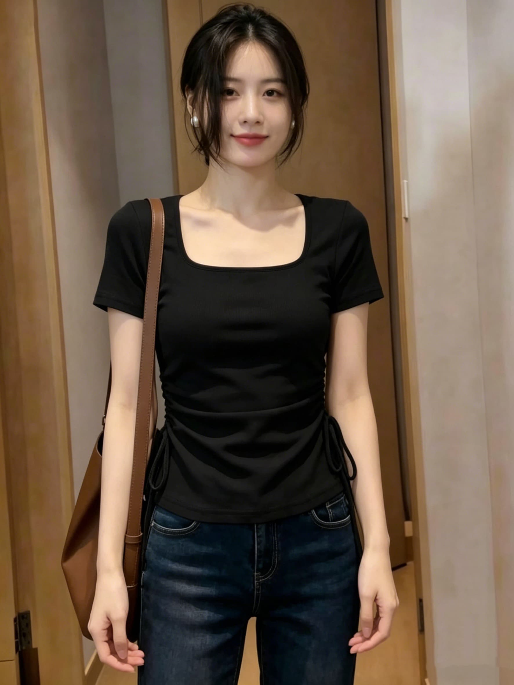 210 그램 좋은 면 빅 사이즈 여성 의류 광장 칼라 펌프 로프 허리 수축 티셔츠 패션 고급 디자인 센스 작은 대중 출퇴근 기본 셔츠 이미지 2