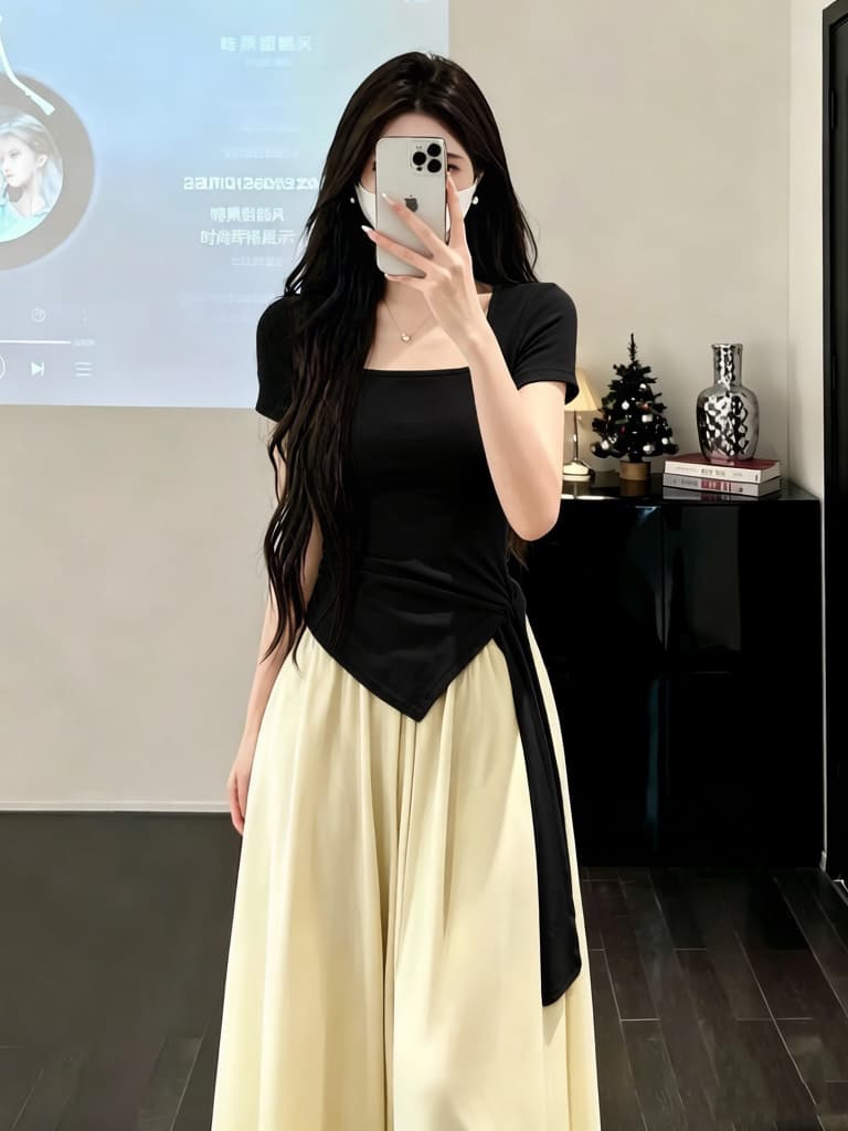 210 그램 좋은 면 2026 여름 드레스 새로운 광장 칼라 불규칙 밑단 티셔츠 패션 다용도 고급 디자인 센스 여성 의류 상세 이미지 8