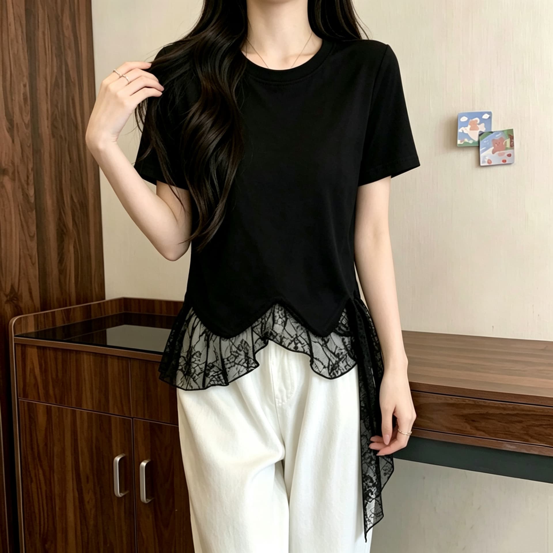 실사 210 그램 좋은 면 빅 사이즈 여름 드레스 2026 라운드 넥 페이크 레이어드 레이스 티셔츠 연령 감소 표지 고기 출퇴근 기본 셔츠 상세 이미지 4