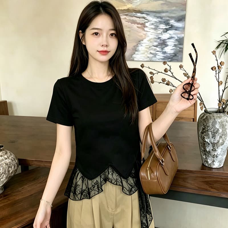 실사 210 좋은 면 빅 사이즈 여름 드레스 2026 라운드 넥 페이크 레이어드 레이스 티셔츠 연령 감소 표지 고기 출퇴근 기본 셔츠 여성 이미지 5