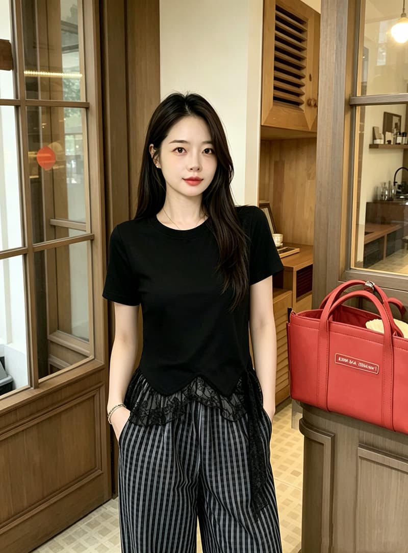 실사 210 좋은 면 빅 사이즈 여름 드레스 2026 라운드 넥 페이크 레이어드 레이스 티셔츠 연령 감소 표지 고기 출퇴근 기본 셔츠 여성 상세 이미지 4