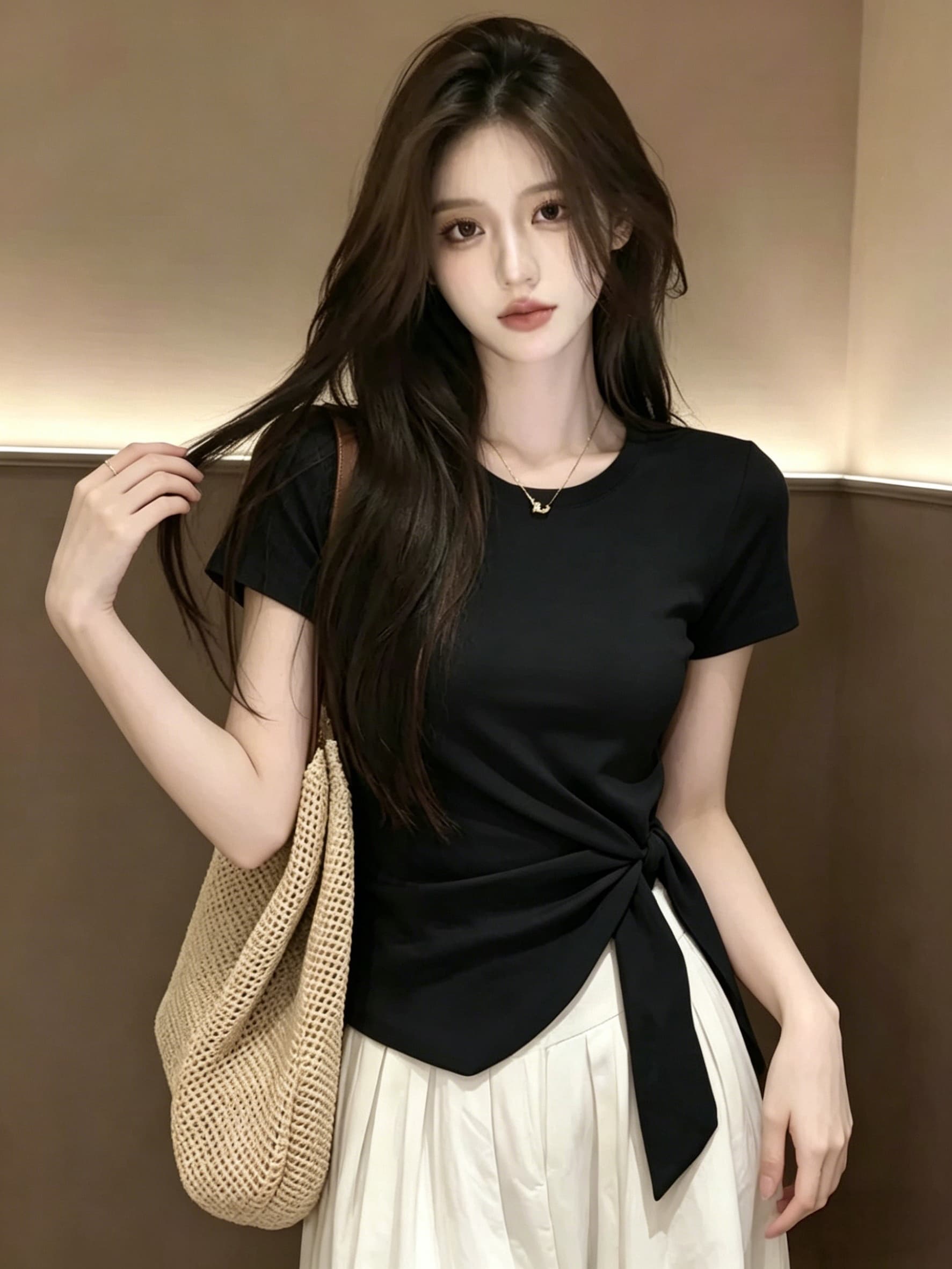 실사 210 그램 좋은 면 빅 사이즈 라운드 넥 허리 수축 한 부서 티셔츠 패션 슬림해 보이는 다용도 고급 디자인 센스 기본 셔츠 이미지 2
