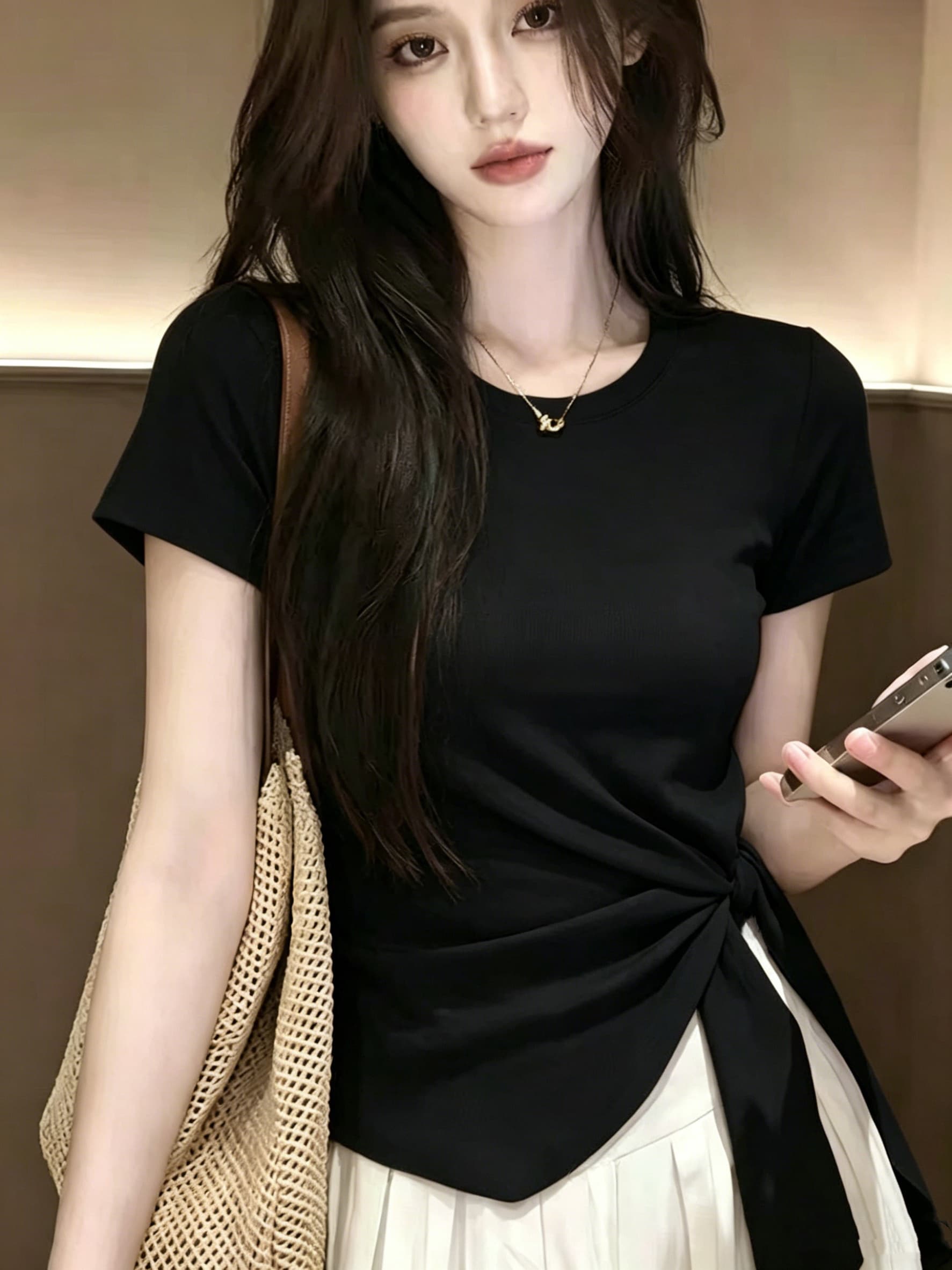 실사 210 그램 좋은 면 빅 사이즈 라운드 넥 허리 수축 한 부서 티셔츠 패션 슬림해 보이는 다용도 고급 디자인 센스 기본 셔츠 상세 이미지 11