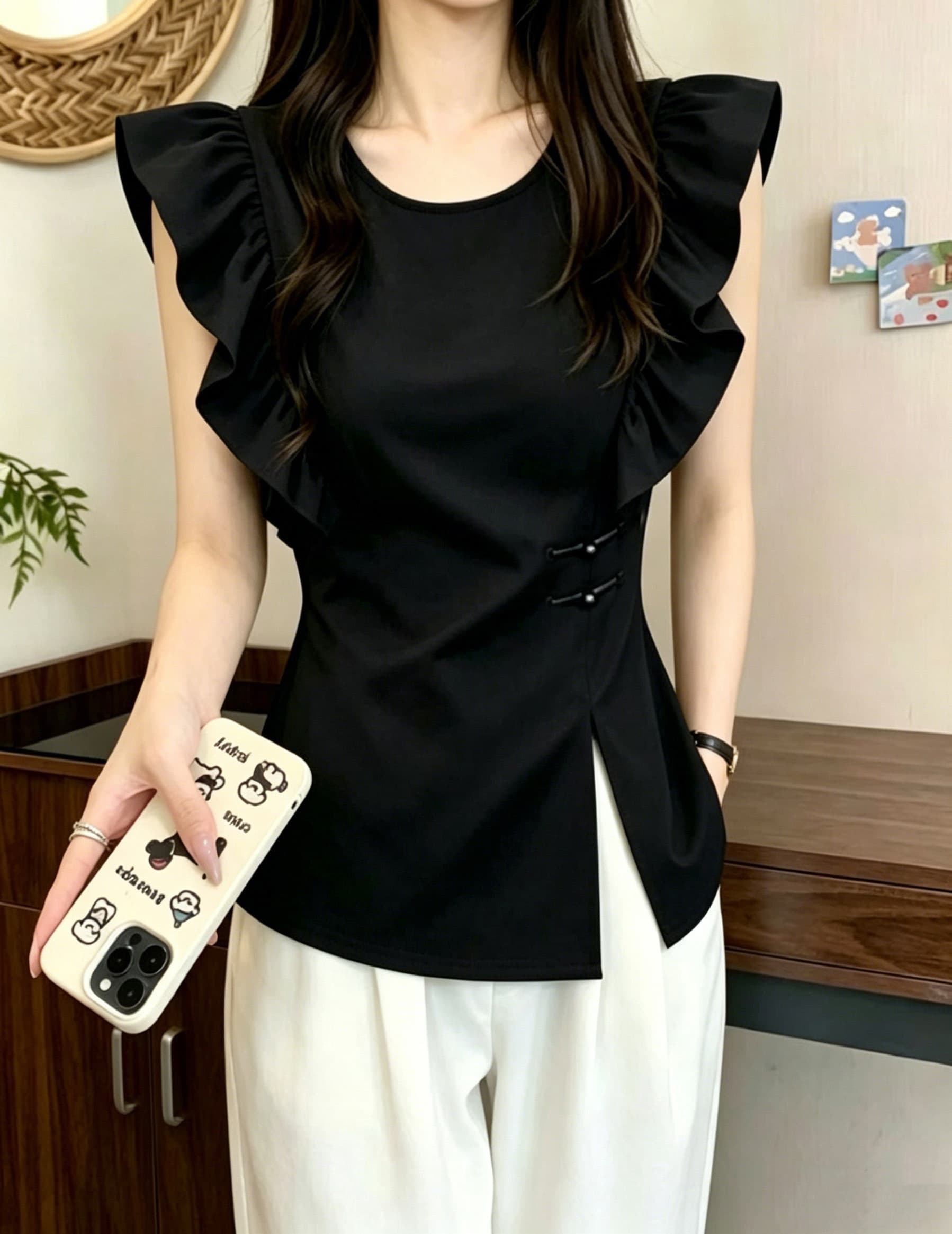 실사 빅 사이즈 Feifei 소매 패치워크 프릴 단추 국풍 새로운 중식 셔츠 여름 지방 mm 표지 배 숨기기 고기 반팔 상세 이미지 1