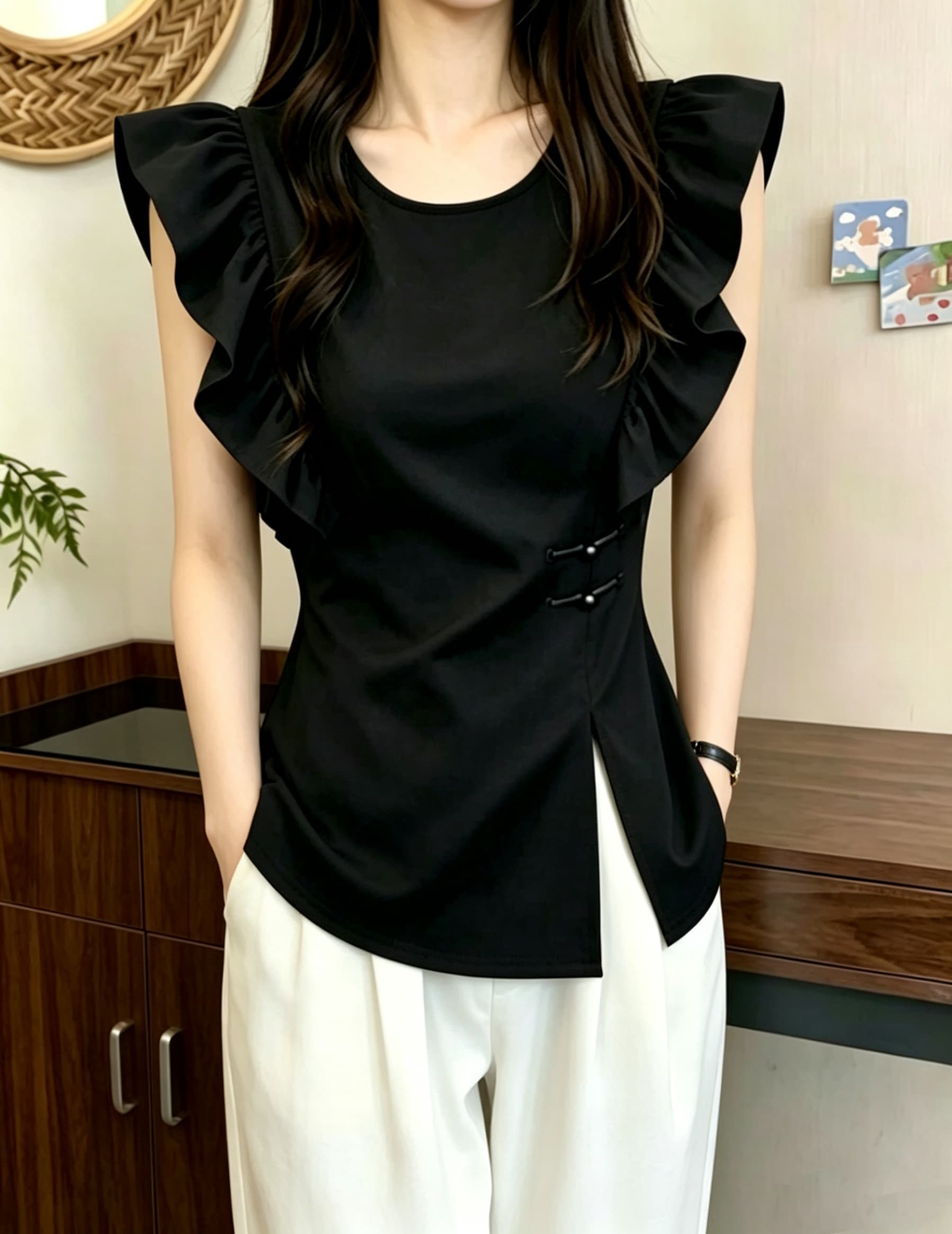 실사 빅 사이즈 Feifei 소매 패치워크 프릴 단추 국풍 새로운 중식 셔츠 여름 지방 mm 표지 배 숨기기 고기 반팔 상세 이미지 3
