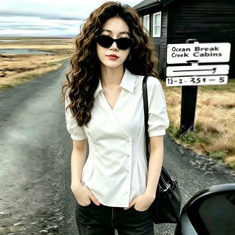 실사 빅 사이즈 고급 센스 V넥 거품 소매 여성 셔츠 여름 마이크로 지방 mm 프랑스식 품격 허리 수축 치마 맨위 상세 이미지 4