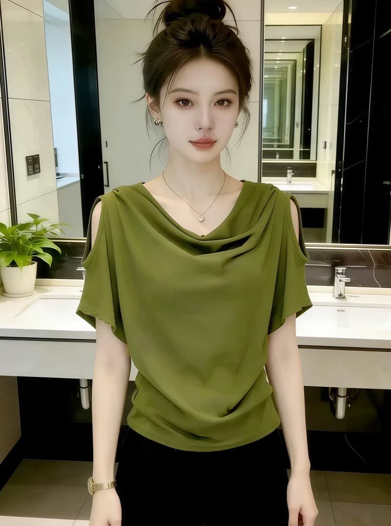 210 그램 좋은 면 디자인 센스 홀로우 아웃 오프숄더 흔들다 칼라 반팔 티셔츠 2026 여름 빅 사이즈 여성 의류 루즈핏 맨위 이미지 3