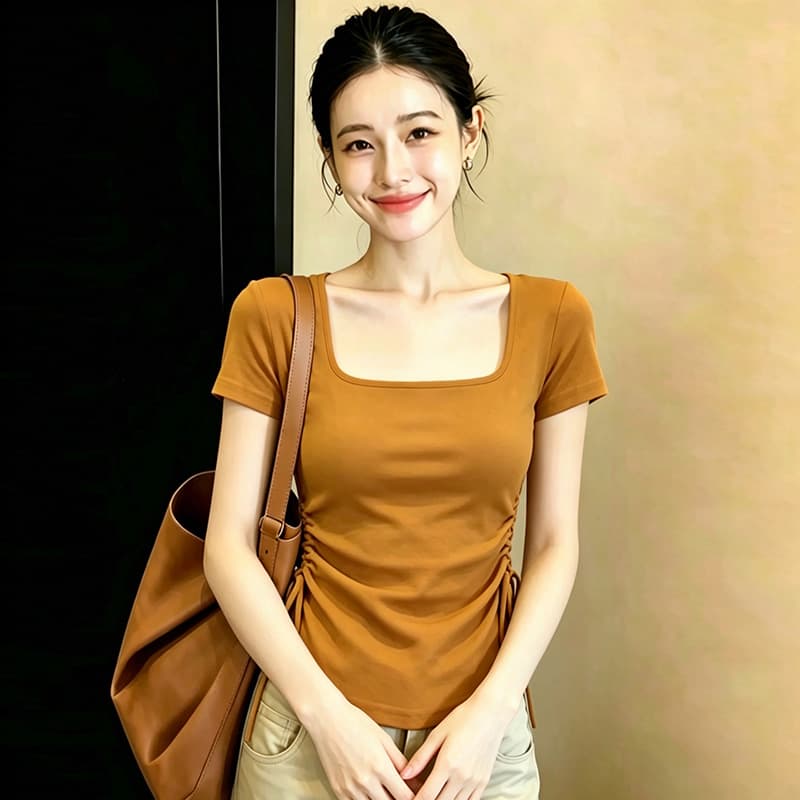 실사 210 그램 좋은 면 빅 사이즈 광장 칼라 펌프 로프 허리 수축 티셔츠 다용도 고급 디자인 센스 작은 대중 출퇴근 기본 셔츠