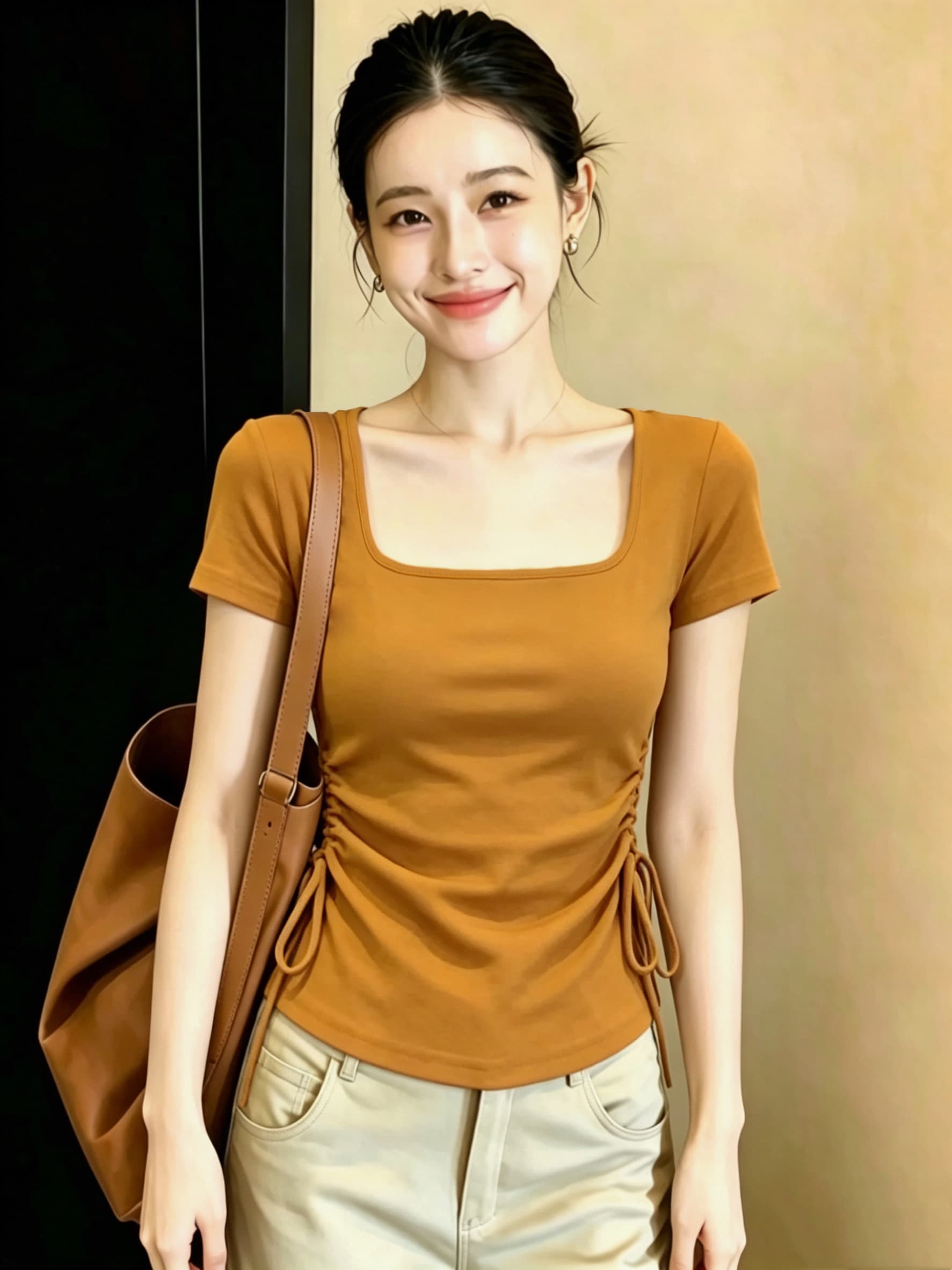 실사 210 그램 좋은 면 빅 사이즈 광장 칼라 펌프 로프 허리 수축 티셔츠 다용도 고급 디자인 센스 작은 대중 출퇴근 기본 셔츠 상세 이미지 11