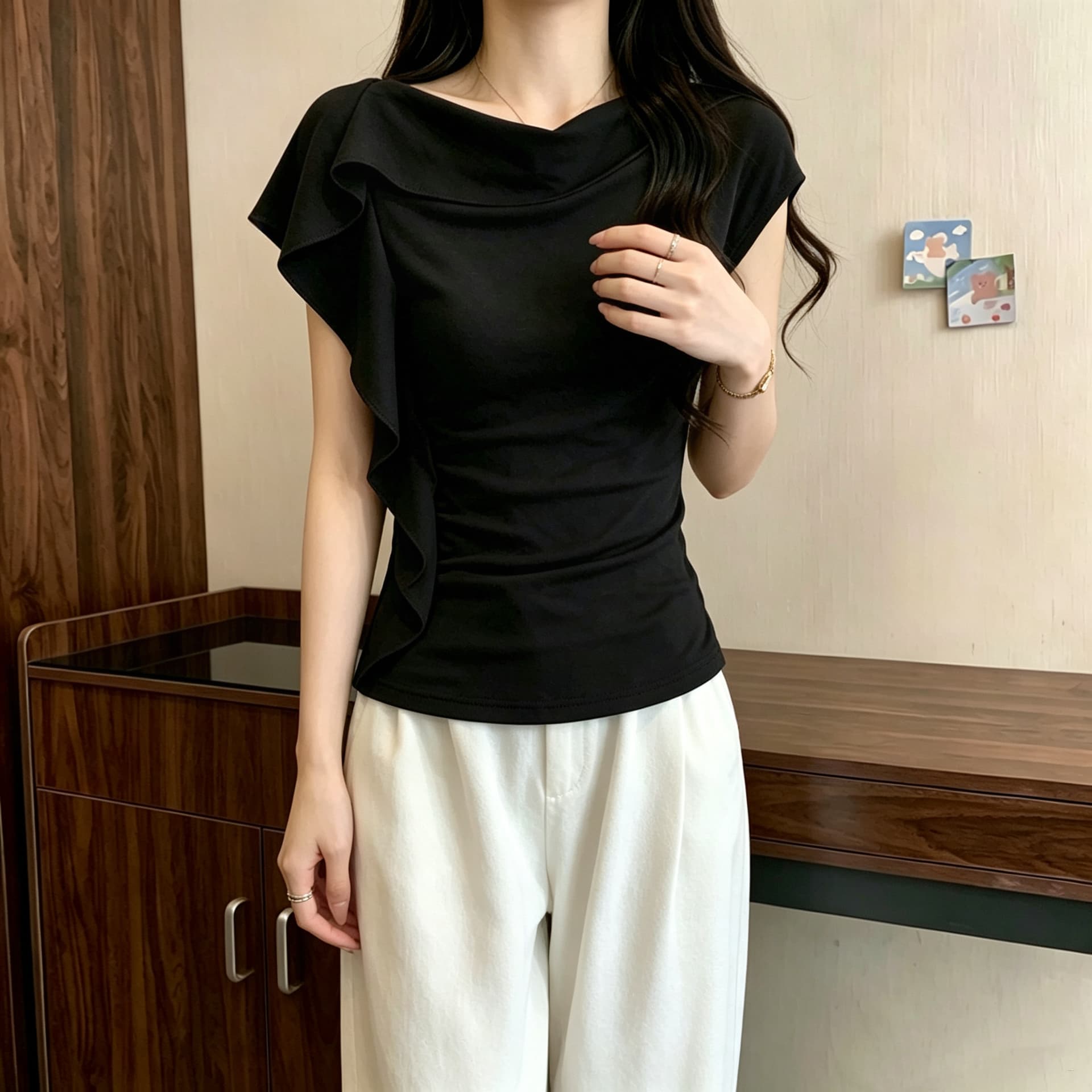 실사 210 그램 좋은 면 2026 프랑스식 레트로 초콜릿 브라운 프릴 비스듬한 어깨 티셔츠 여성 다용도 슬림해 보이는 맨위 상세 이미지 2