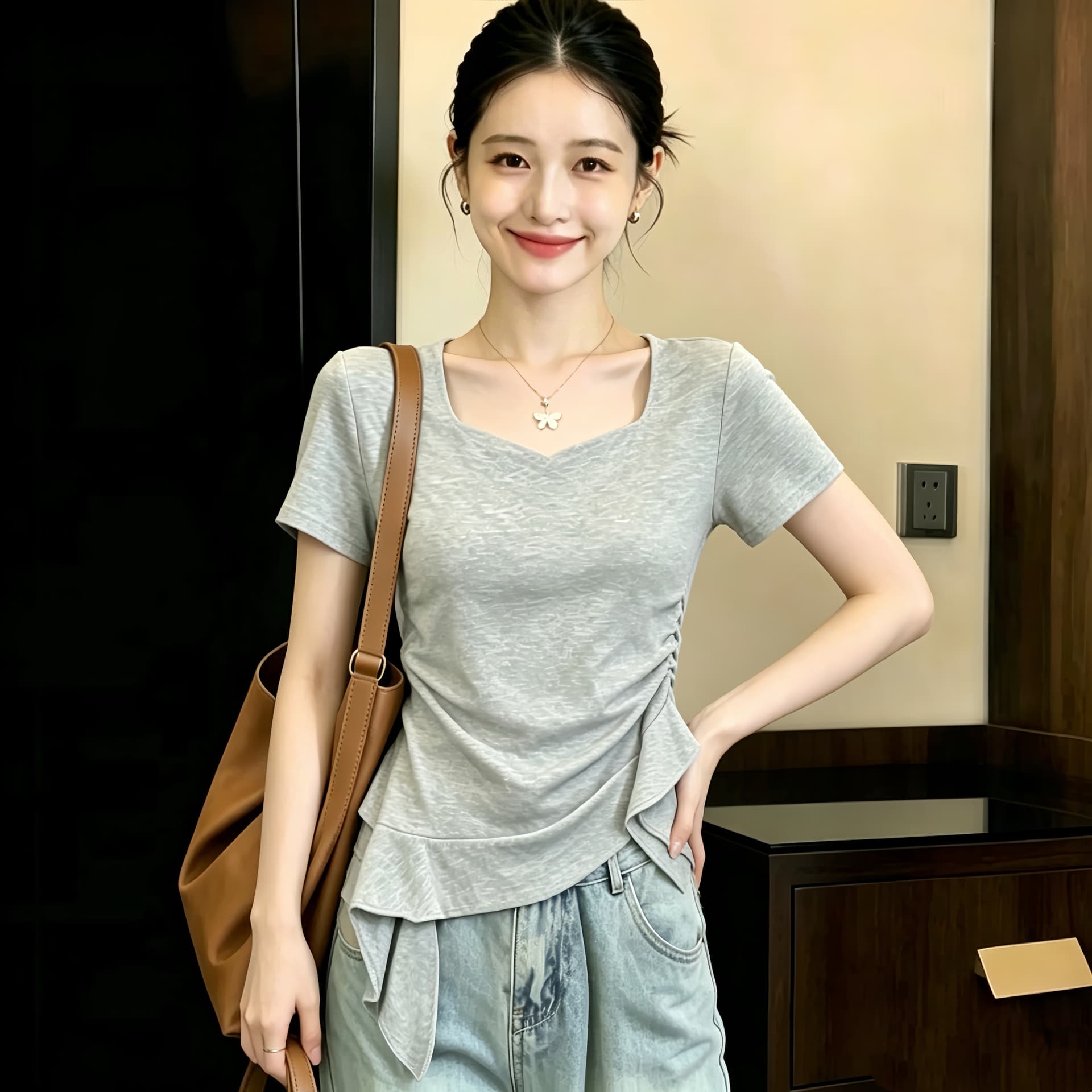 실사 210 그램 좋은 면 2026 프릴 불규칙 밑단 광장 칼라 반팔 티셔츠 여성 주름 슬림해 보이는 맨위