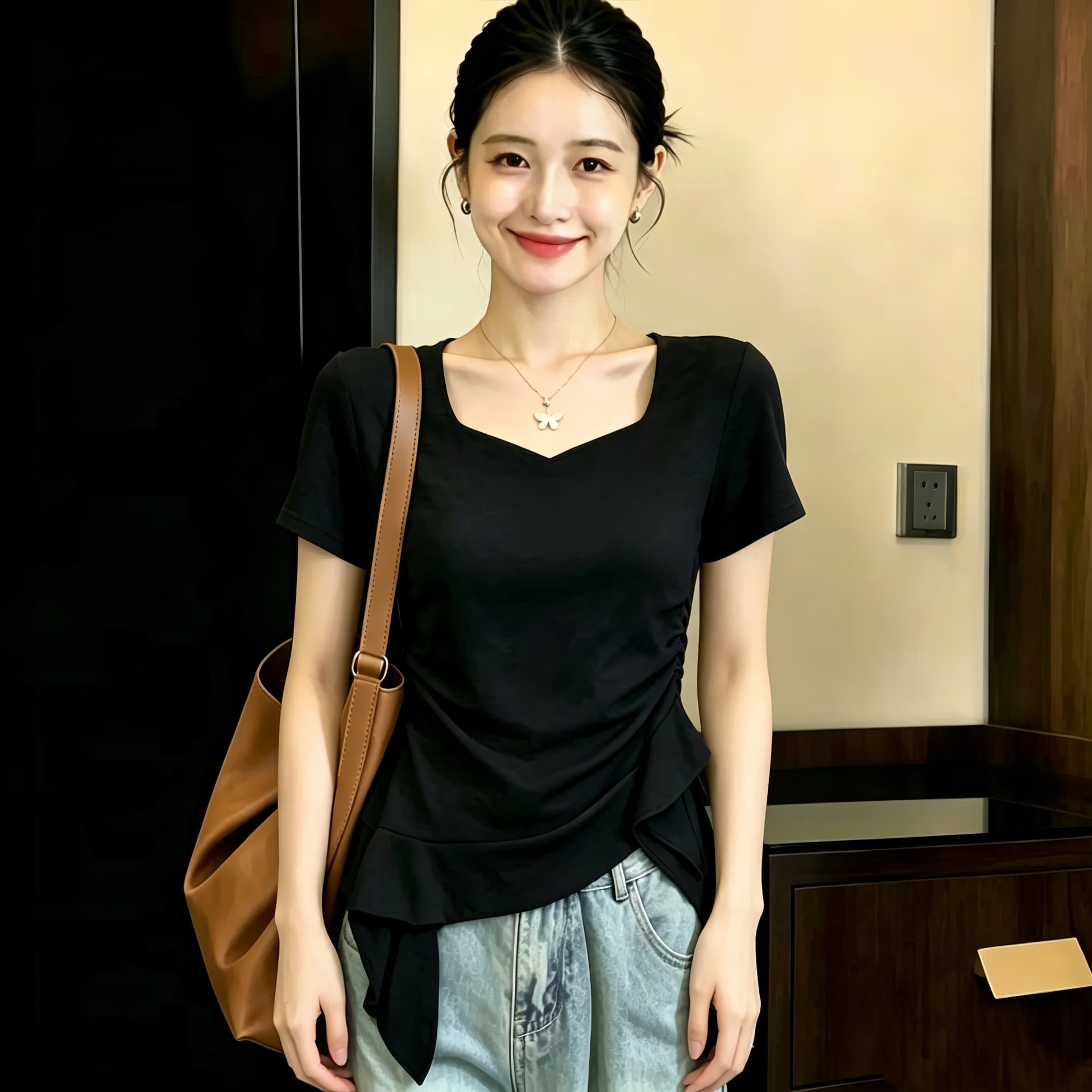 실사 210 그램 좋은 면 2026 프릴 불규칙 밑단 광장 칼라 반팔 티셔츠 여성 주름 슬림해 보이는 맨위 상세 이미지 10