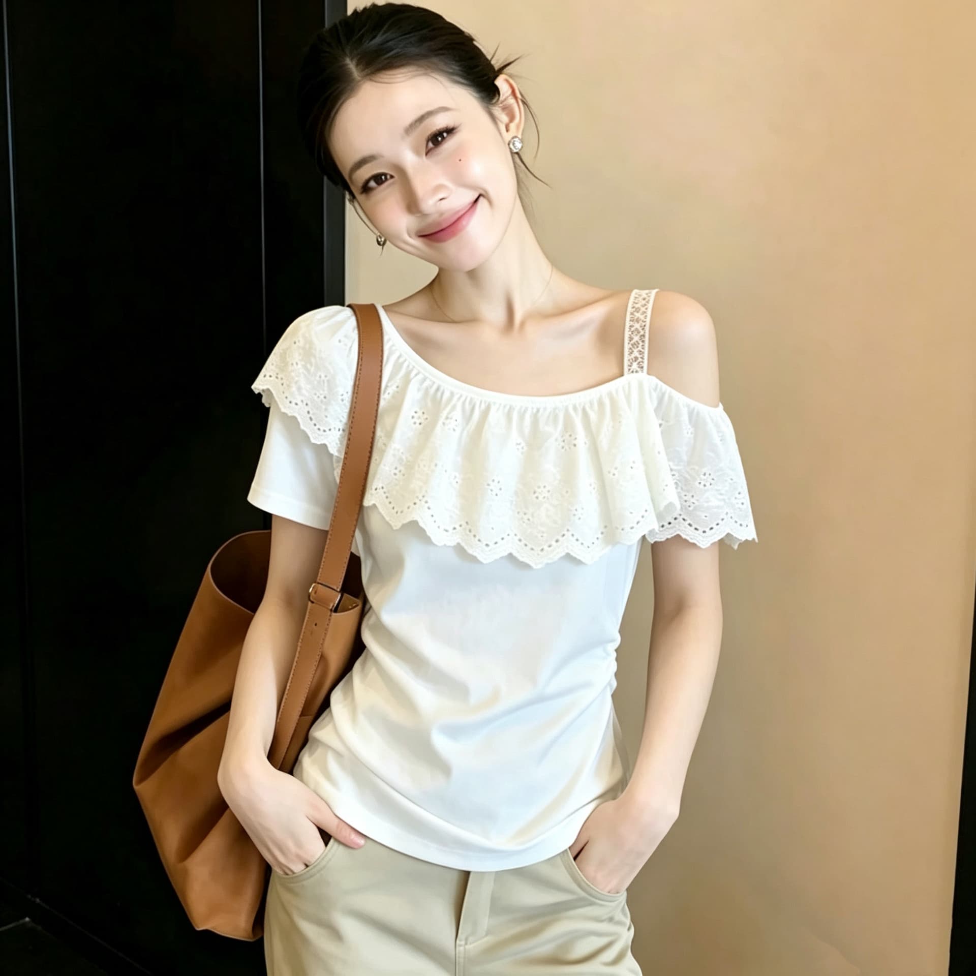 실사 210 그램 좋은 면 빅 사이즈 여성 의류 지방 mm 프랑스식 프릴 꽃잎 비스듬한 어깨 반팔 티셔츠 여성 레이스 맨위 상세 이미지 1