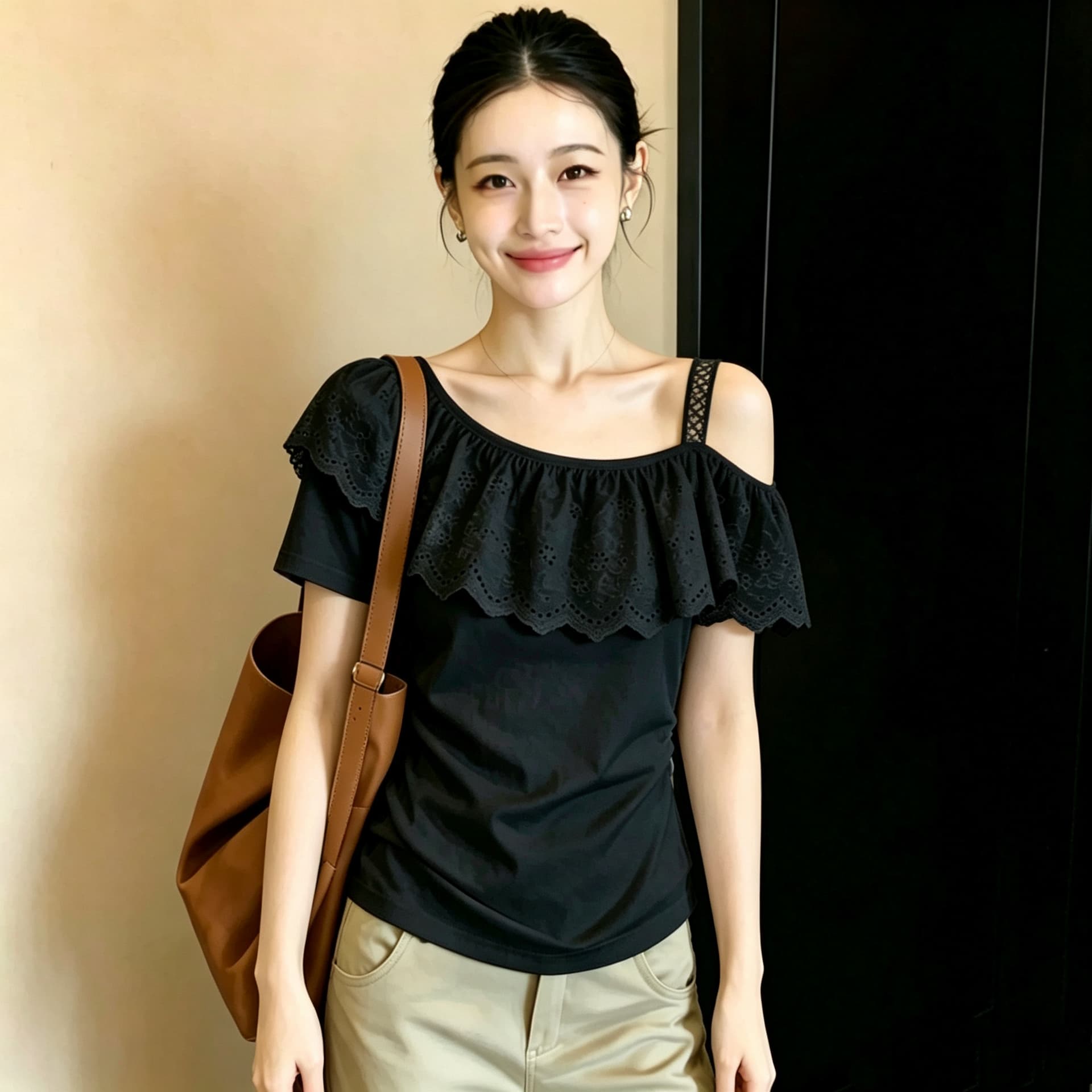 실사 210 그램 좋은 면 빅 사이즈 여성 의류 지방 mm 프랑스식 프릴 꽃잎 비스듬한 어깨 반팔 티셔츠 여성 레이스 맨위 상세 이미지 6